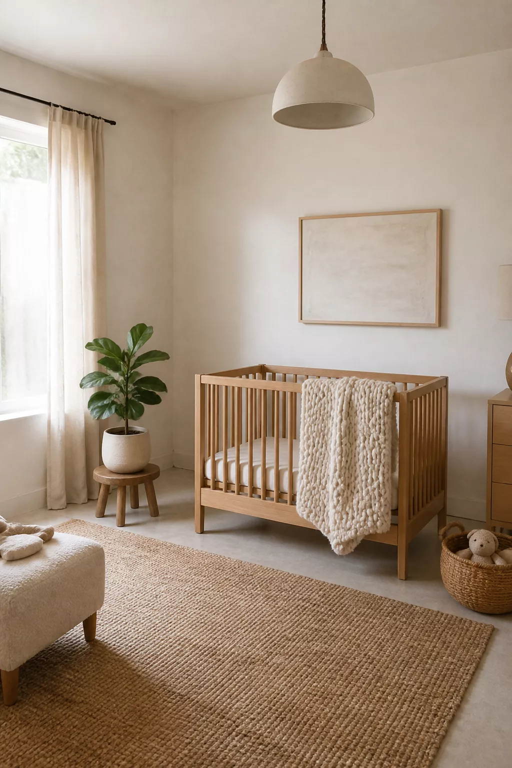 Organic modern nursery ideas with warm white walls, raw wood crib, chunky knit blanket, and jute rug.