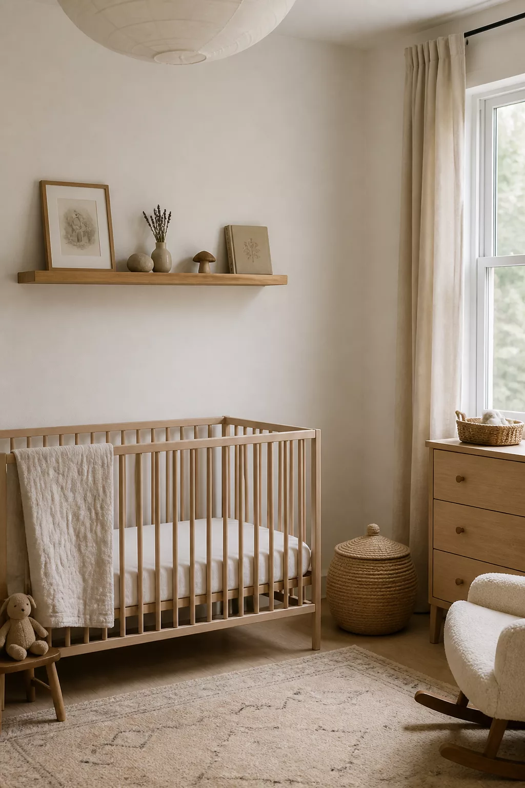 Organic modern nursery ideas with a wood floating shelf styled with dried botanicals, ceramic vase, and neutral art above a natural wood crib.