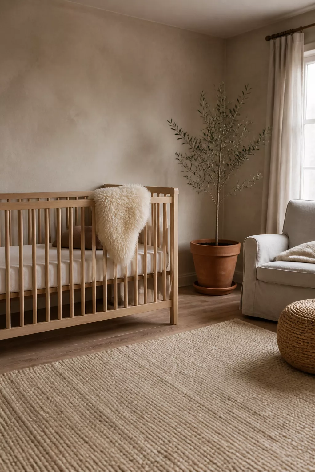 Organic modern nursery ideas with limewash greige plaster walls, oak crib, jute rug, and potted olive tree.
