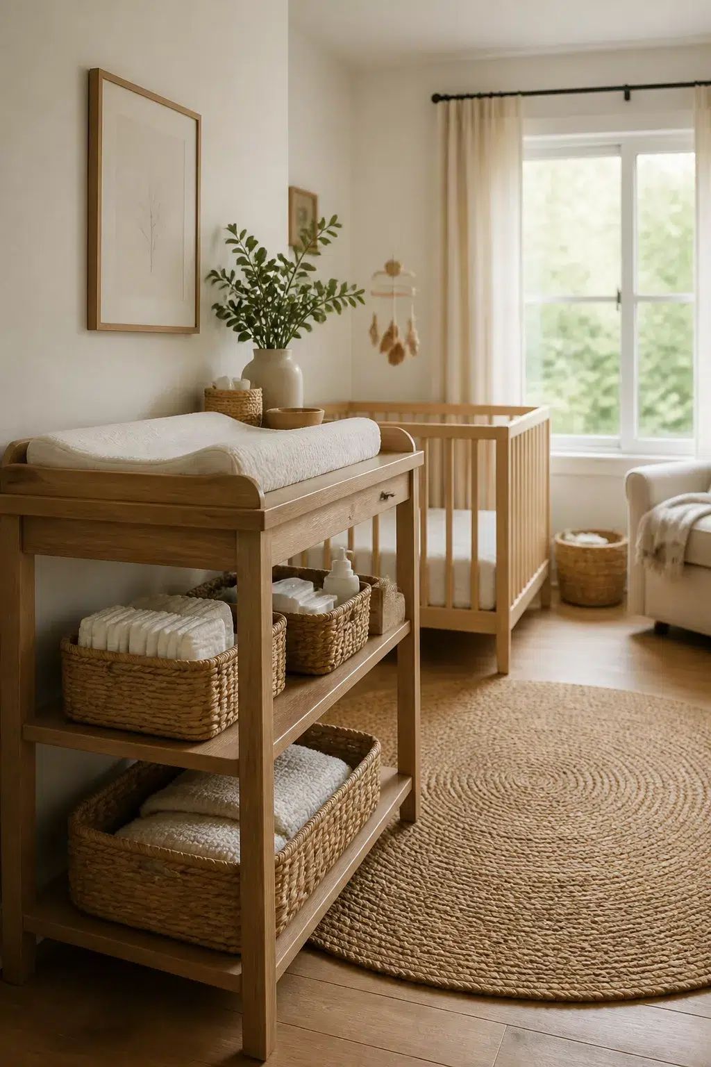 Organic modern nursery ideas featuring a solid oak open changing table with woven wicker baskets and jute rug.