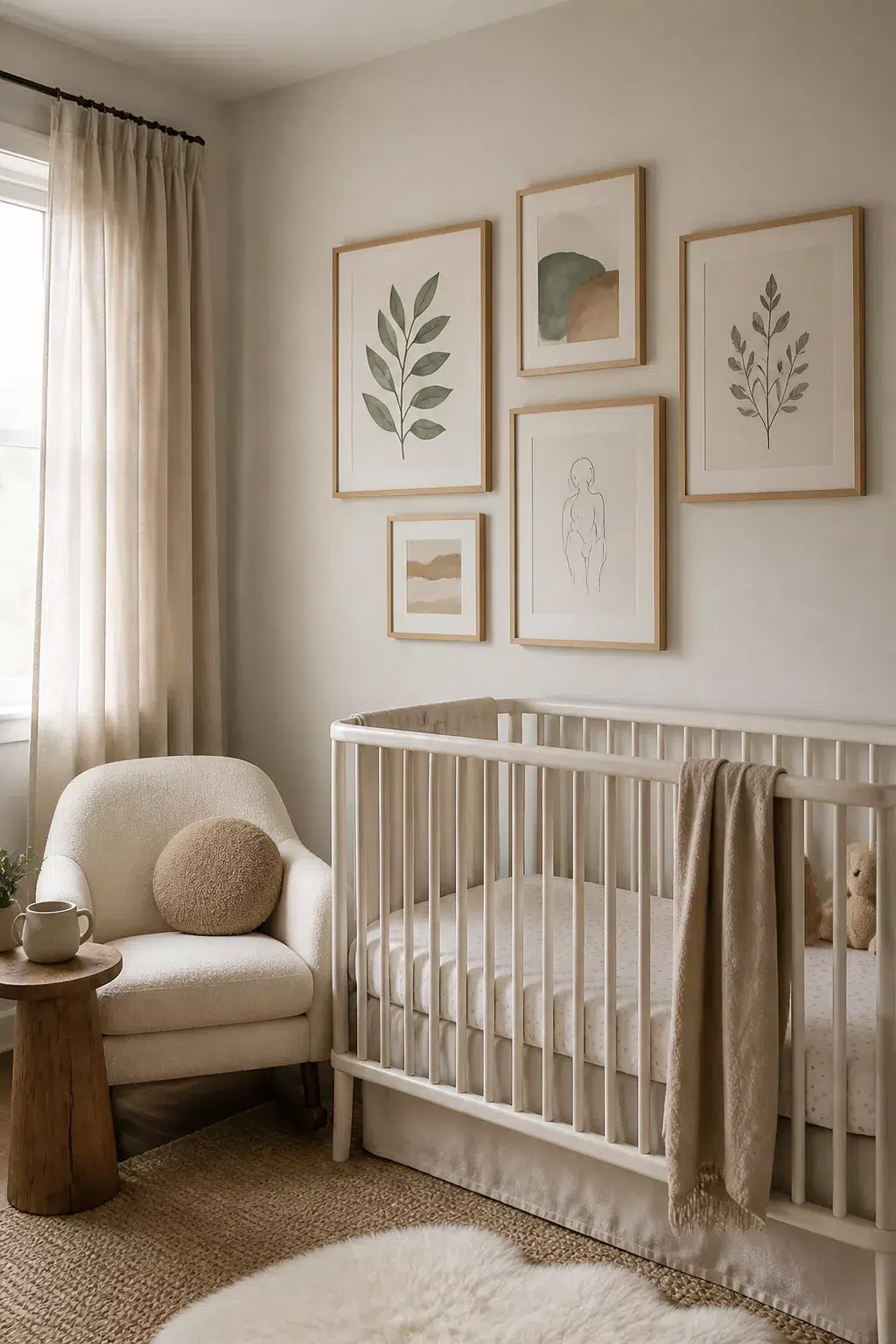 Organic modern nursery ideas with botanical gallery wall above white crib, boucle chair, and neutral linen tones
