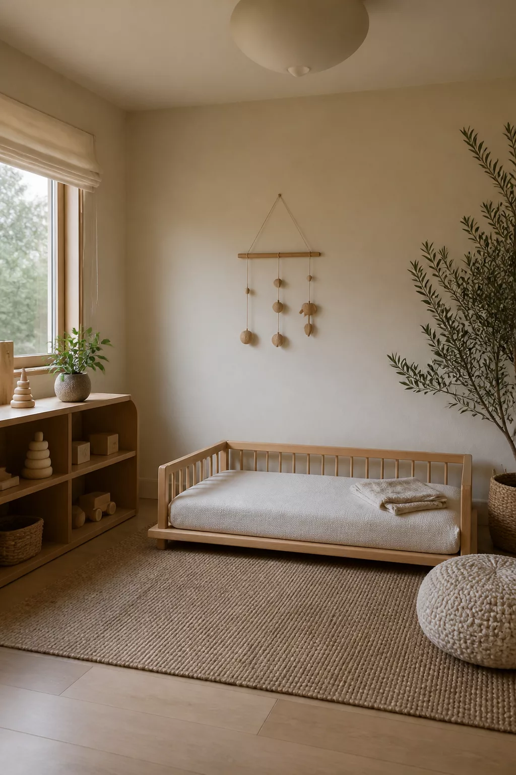 Organic modern nursery ideas with a low platform floor crib, jute rug, and natural wood shelving in neutral tones.