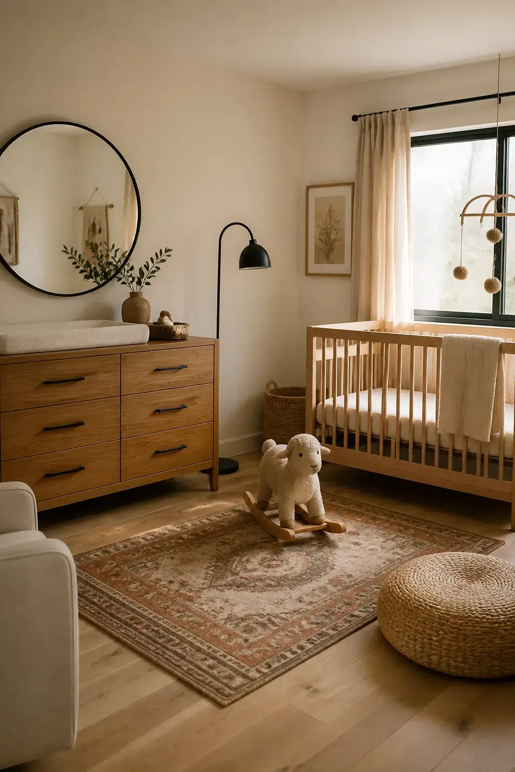Organic modern nursery ideas with black mirror, arc floor lamp, wood dresser, and warm neutral tones