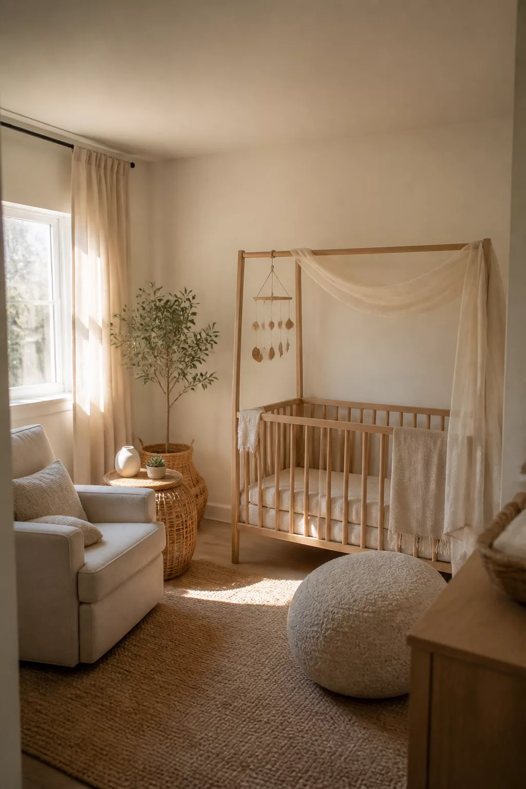 Organic modern nursery ideas with a sheer canopy wood crib, leaf mobile, olive tree, and jute rug in warm neutral tones
