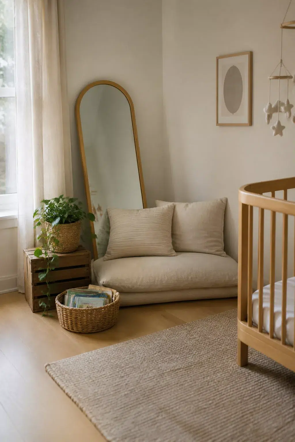 Organic modern nursery ideas with low linen sofa, arched mirror, and wicker book basket in neutral tones
