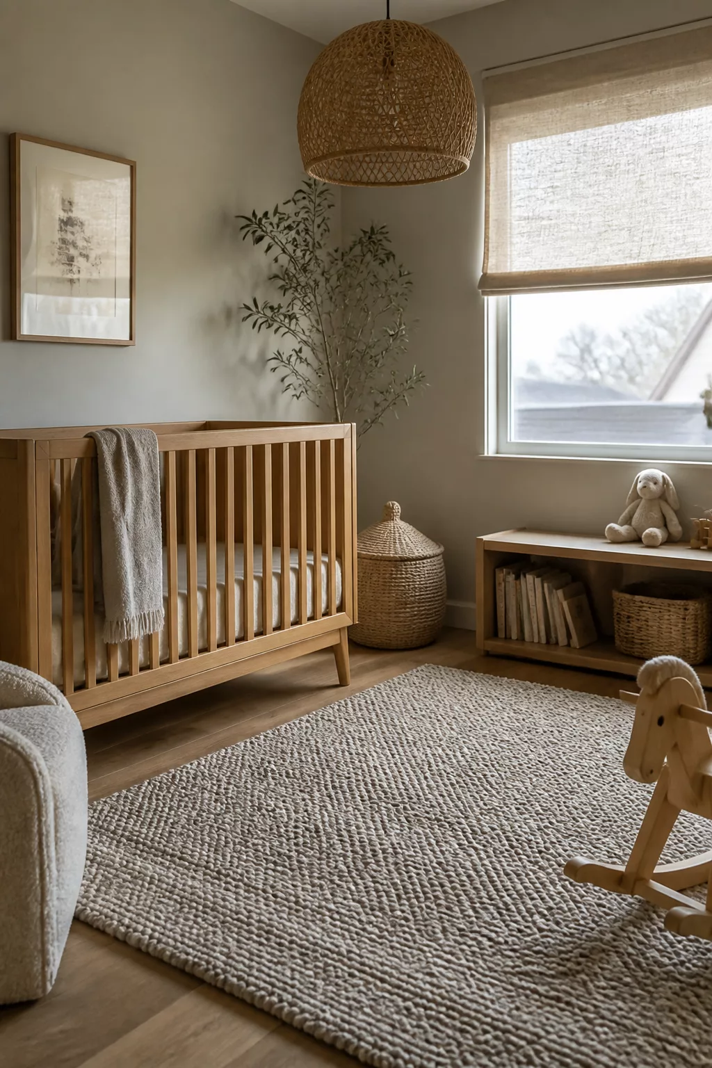 Organic modern nursery ideas with cloud gray walls, oak wood crib, woven pendant light, and textured loop rug.