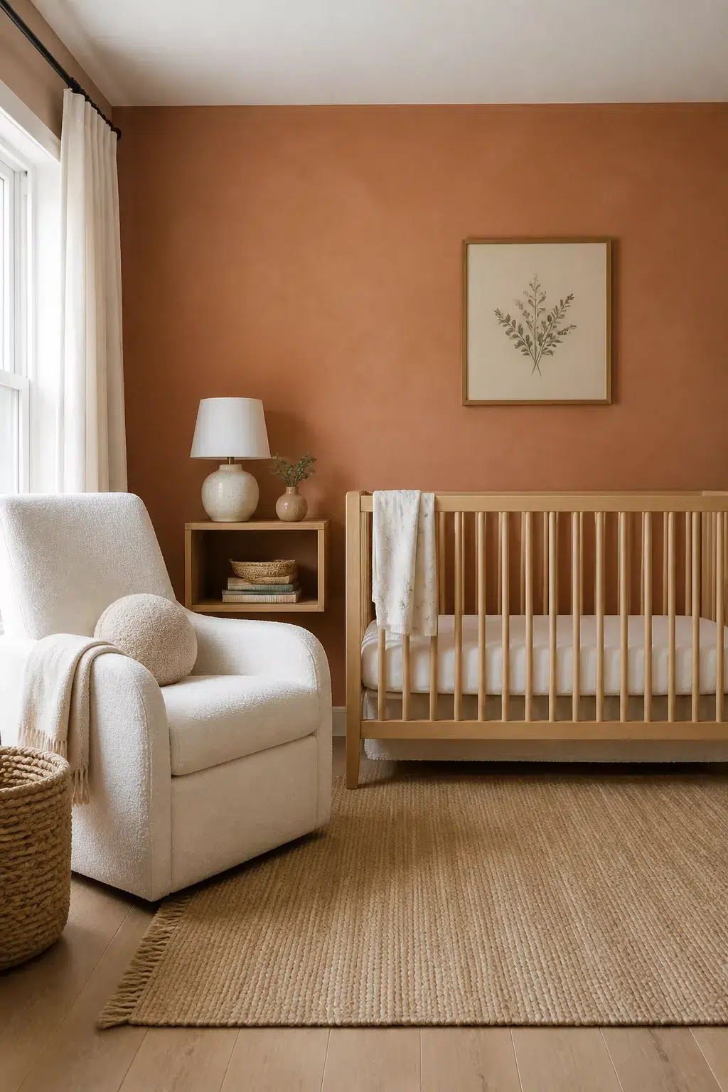 Terracotta accent wall nursery with boucle glider and wood crib — organic modern nursery ideas