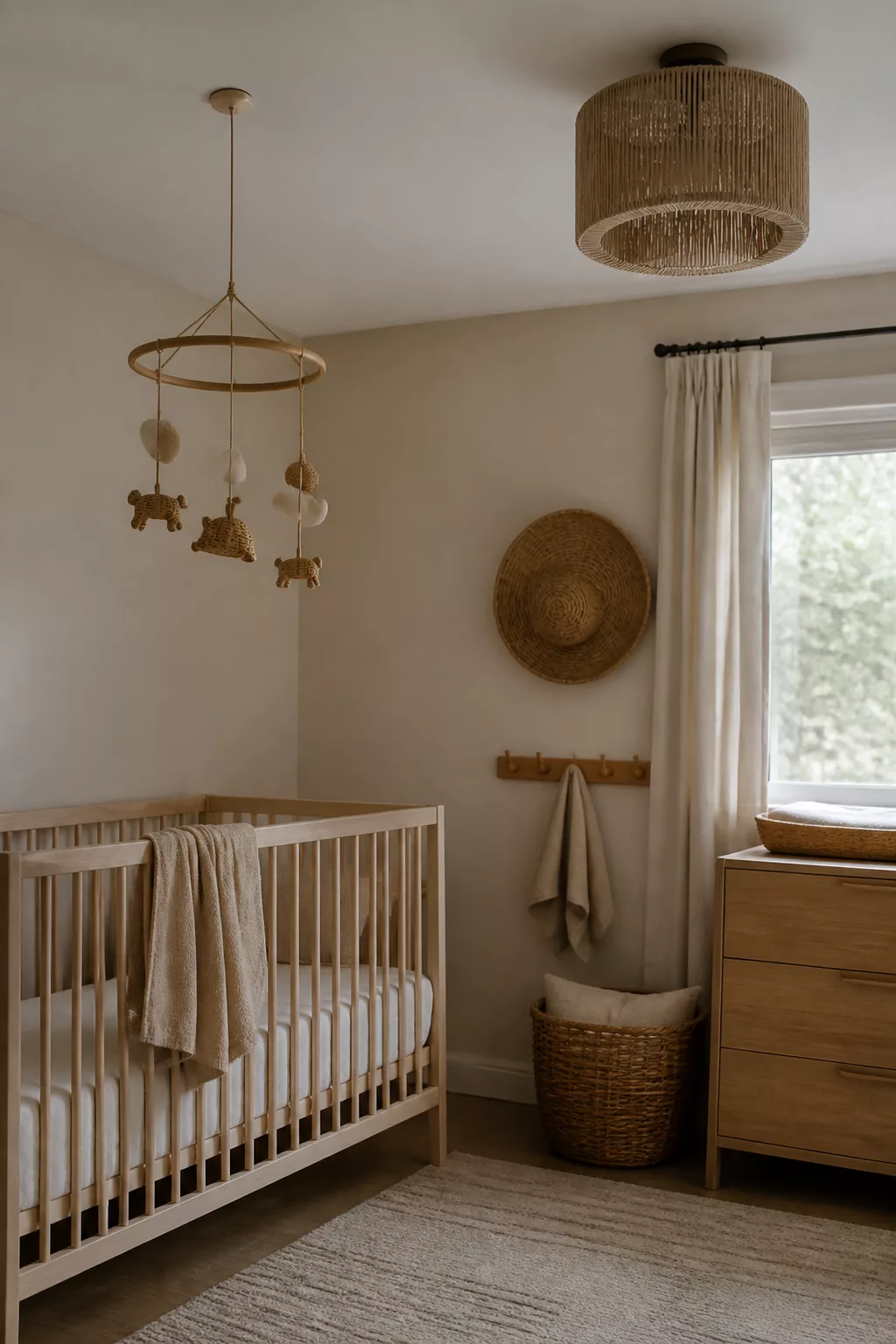 Organic modern nursery ideas with rattan mobile, woven ceiling light, wood crib, and neutral tones