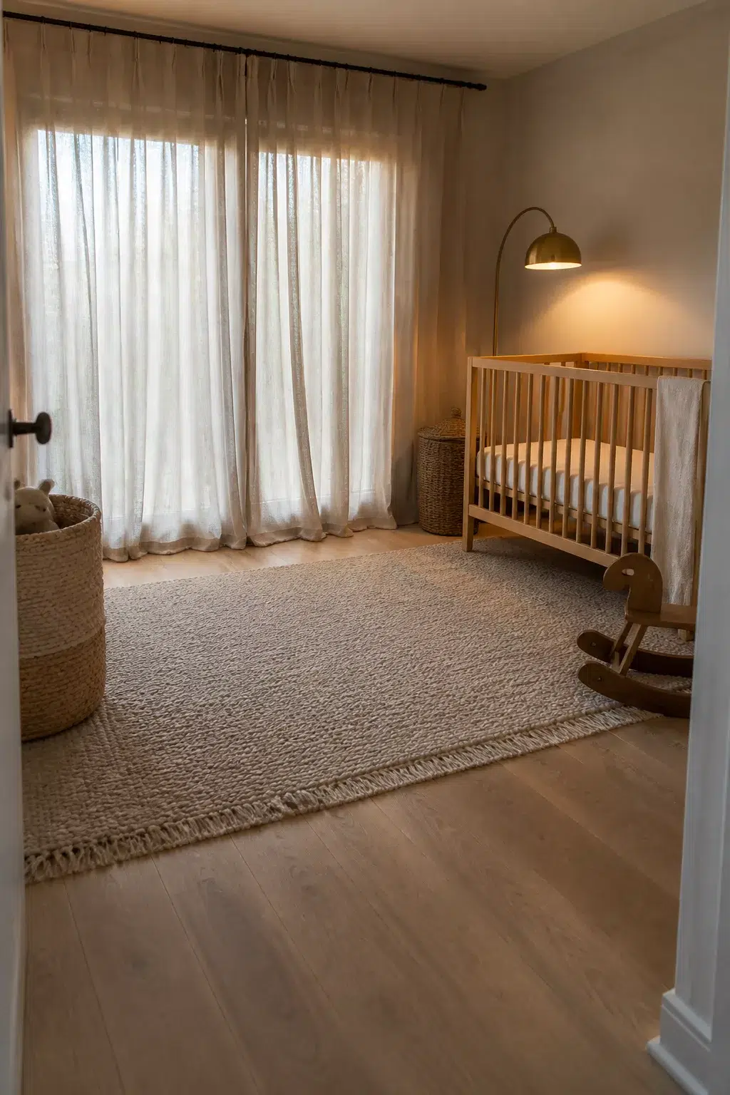 Organic modern nursery ideas with floor-to-ceiling sheer linen curtains, natural wood crib, and woven rug.