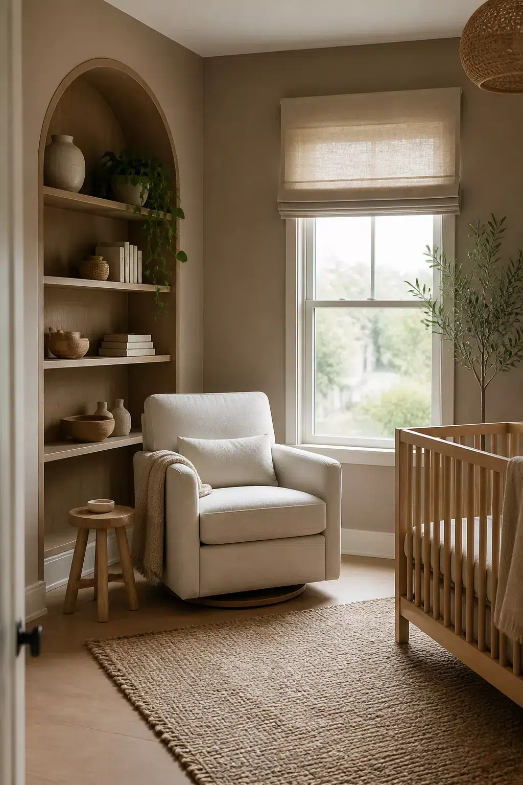 Organic modern nursery ideas with mushroom walls, arched built-in shelving, cream glider, and natural wood crib.