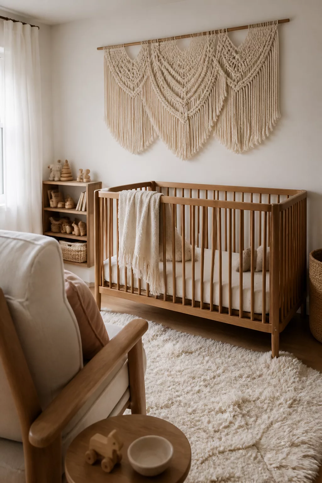 Organic modern nursery ideas with macramé wall hanging, cream shag rug, and natural wood crib in neutral tones.