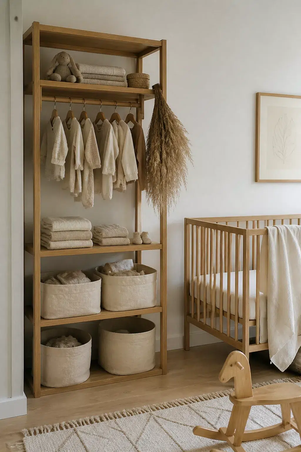 Open oak wardrobe with fabric baskets and hanging neutral baby clothes — organic modern nursery ideas