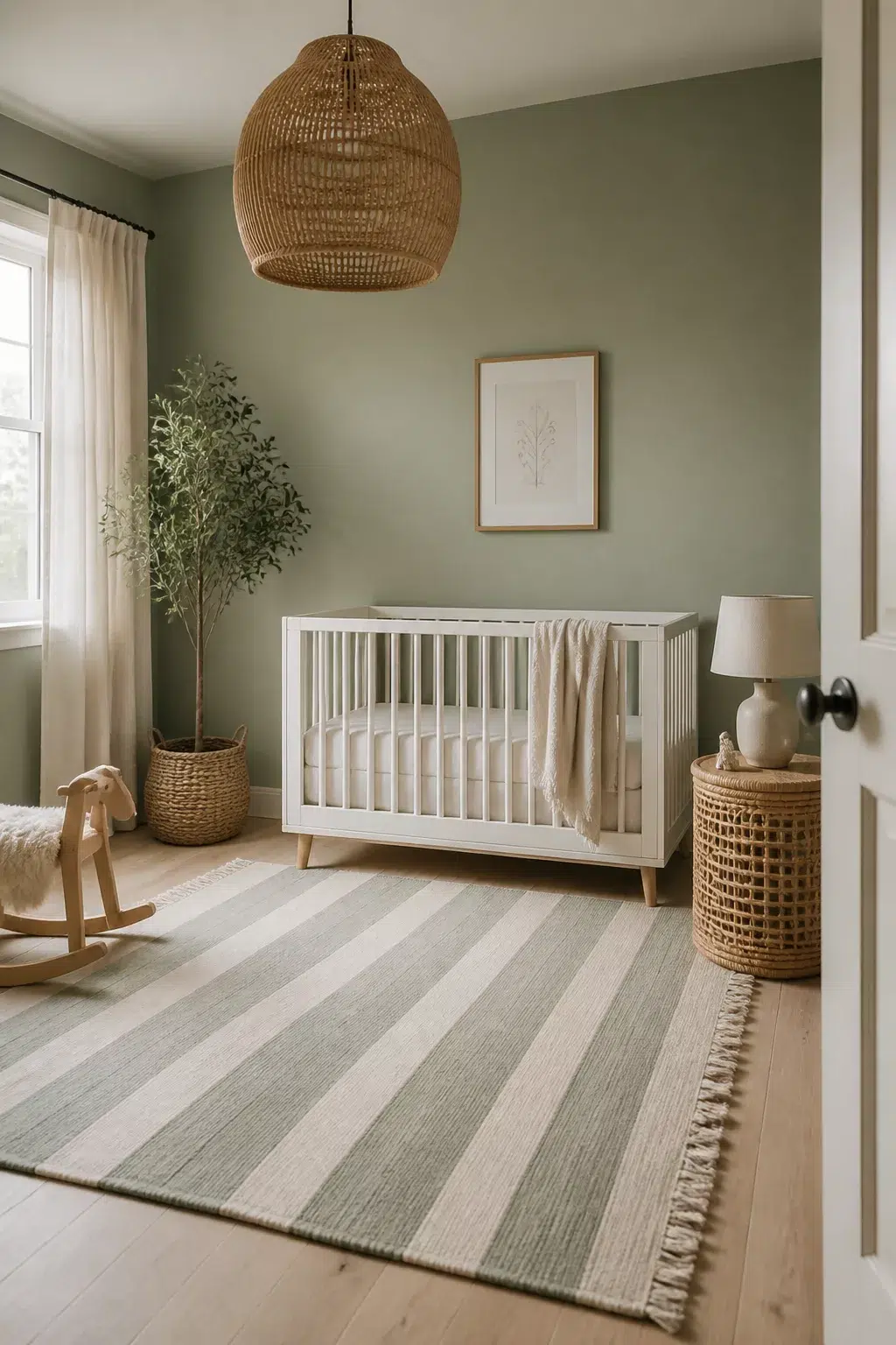 Sage green organic modern nursery ideas with wicker pendant light, white crib, and striped cotton rug