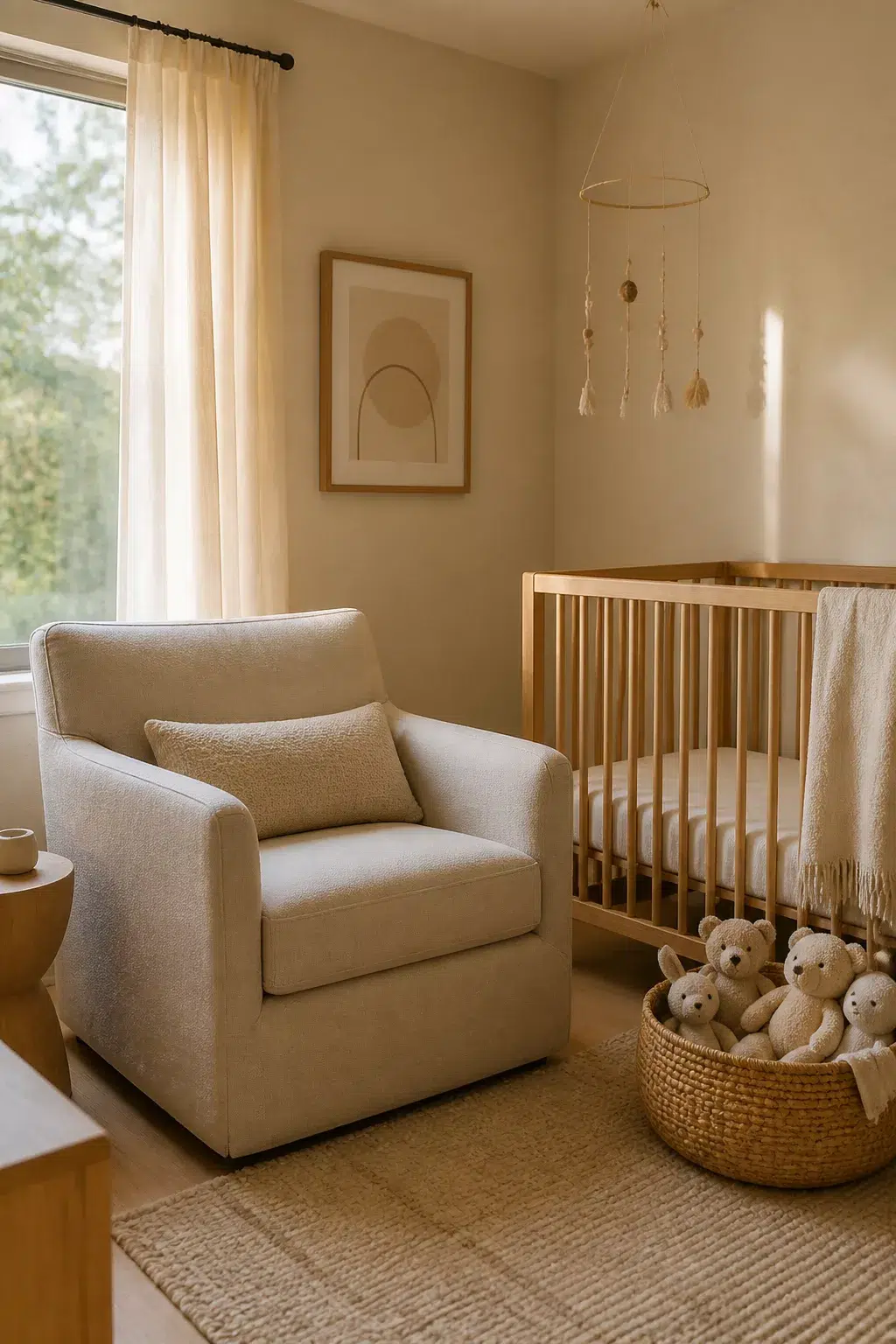 Organic modern nursery ideas featuring a sand-toned linen glider, natural wood crib, and woven basket with soft neutrals.