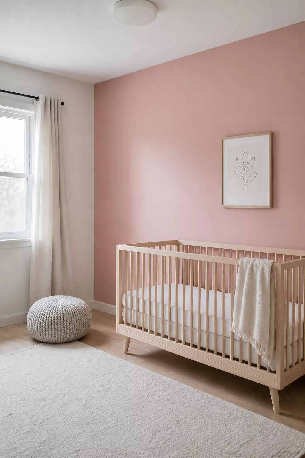 Pink accent wall in a Scandi minimal nursery with natural wood crib and knit pouf — pink accent walls for nurseries