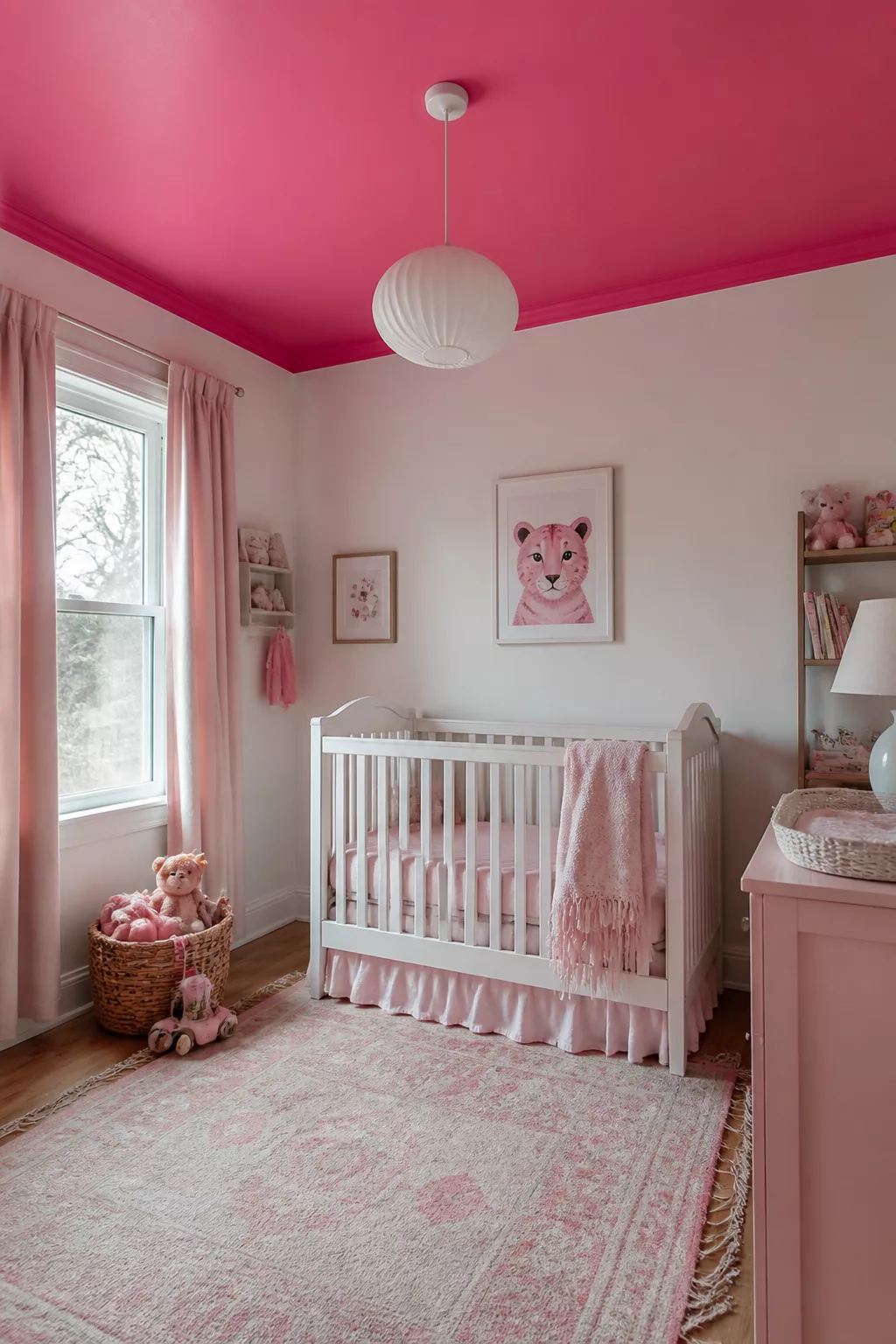 Pink nursery ideas with hot pink ceiling, white crib, blush bedding, and globe pendant light