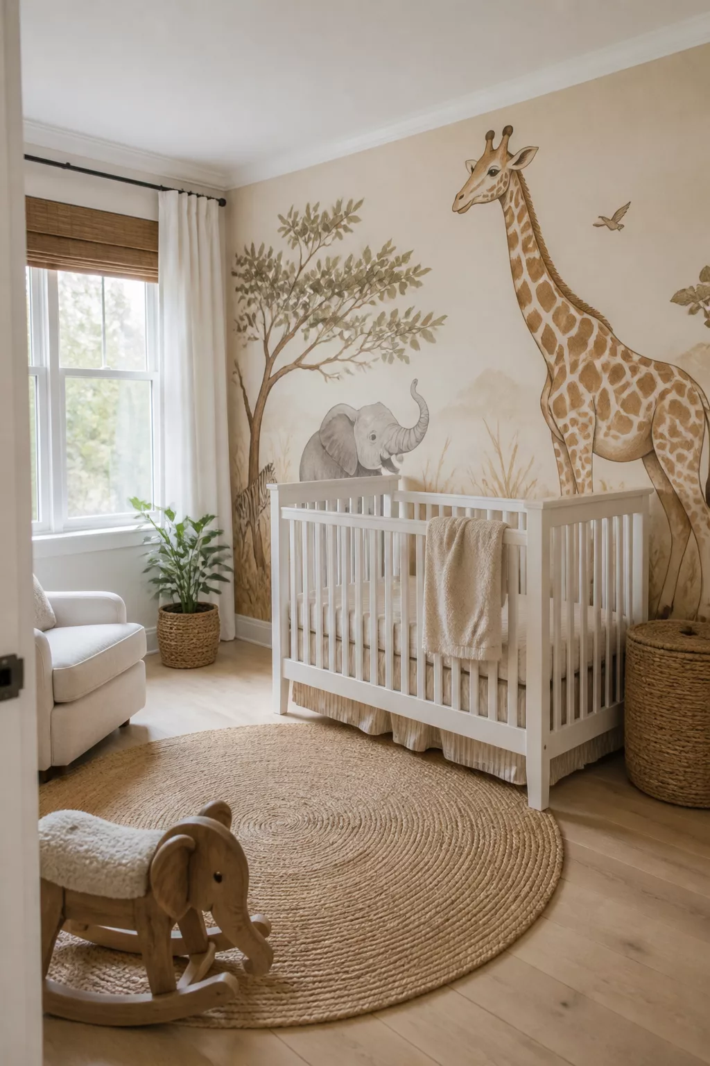Safari nursery ideas with a giraffe and elephant wall mural, white crib, jute rug, and warm neutral tones.