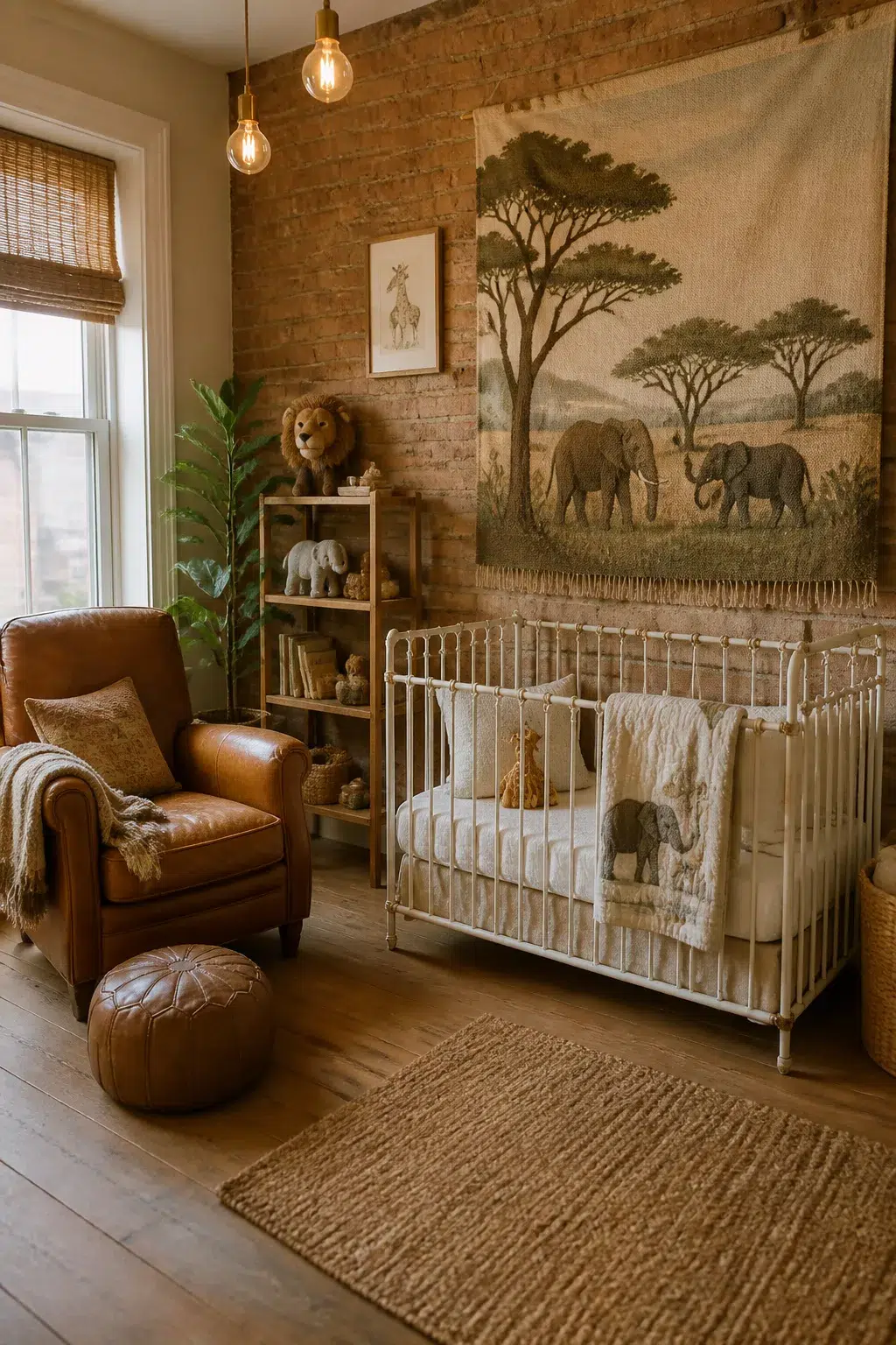 Safari nursery ideas with exposed brick wall, woven elephant tapestry, white iron crib, and leather armchair.