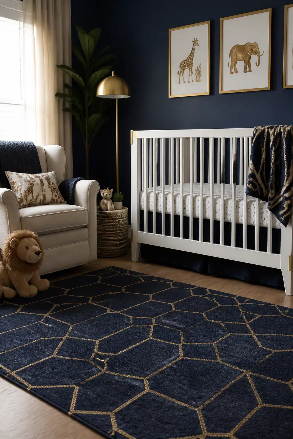 Navy blue safari nursery ideas with gold geometric rug, animal art prints, white crib, and cream glider