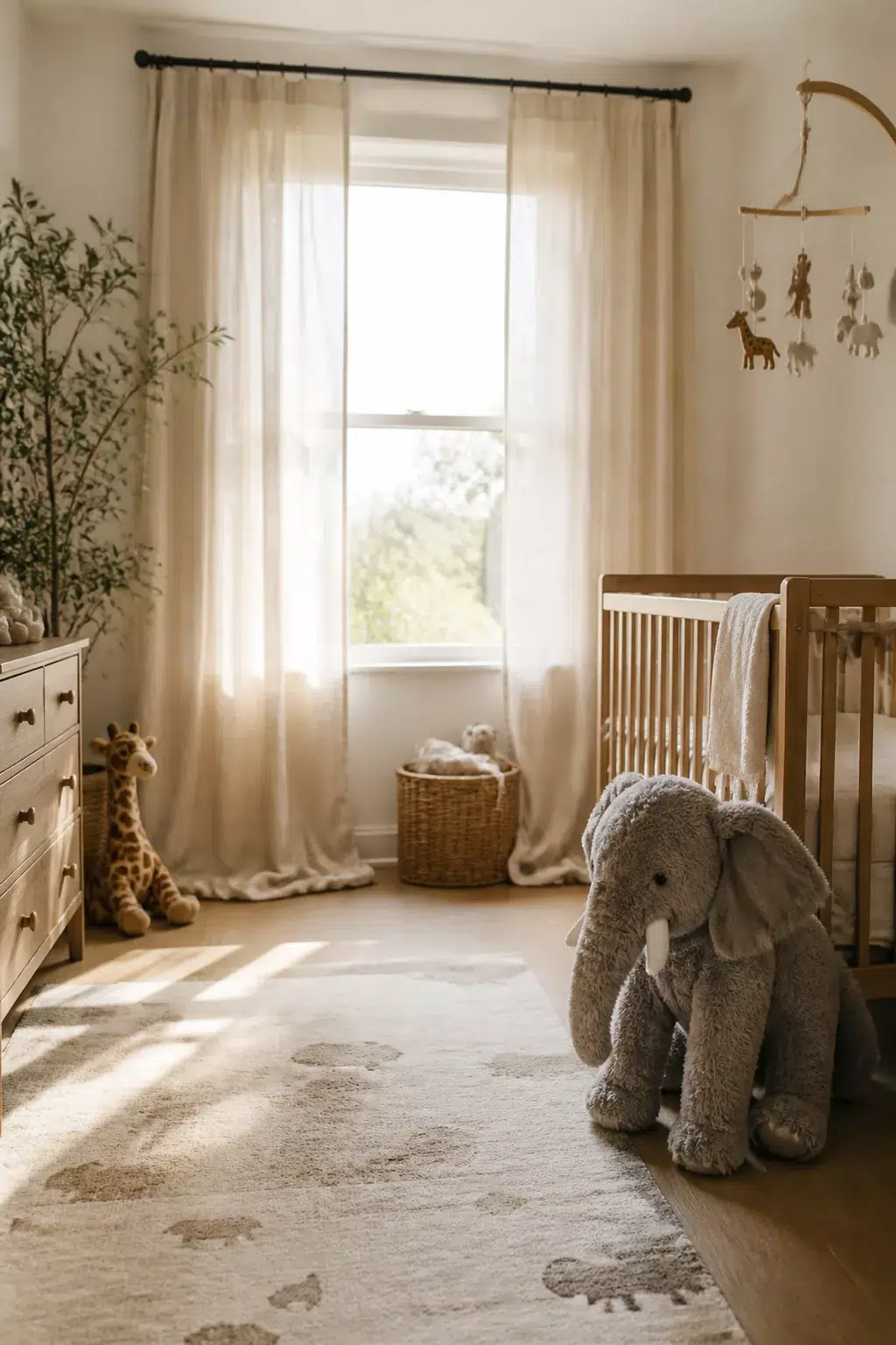 Neutral safari nursery ideas with sheer linen drapes, animal motif rug, elephant plush, and wooden crib.