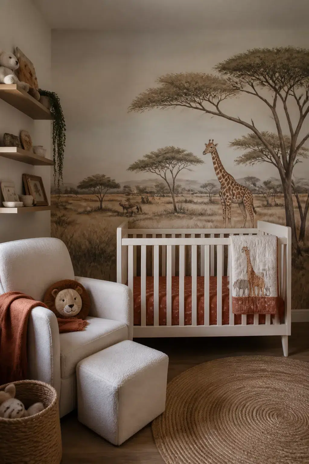 Safari nursery ideas with an African savanna wall mural, white crib, boucle glider, and jute rug in warm earthy tones.