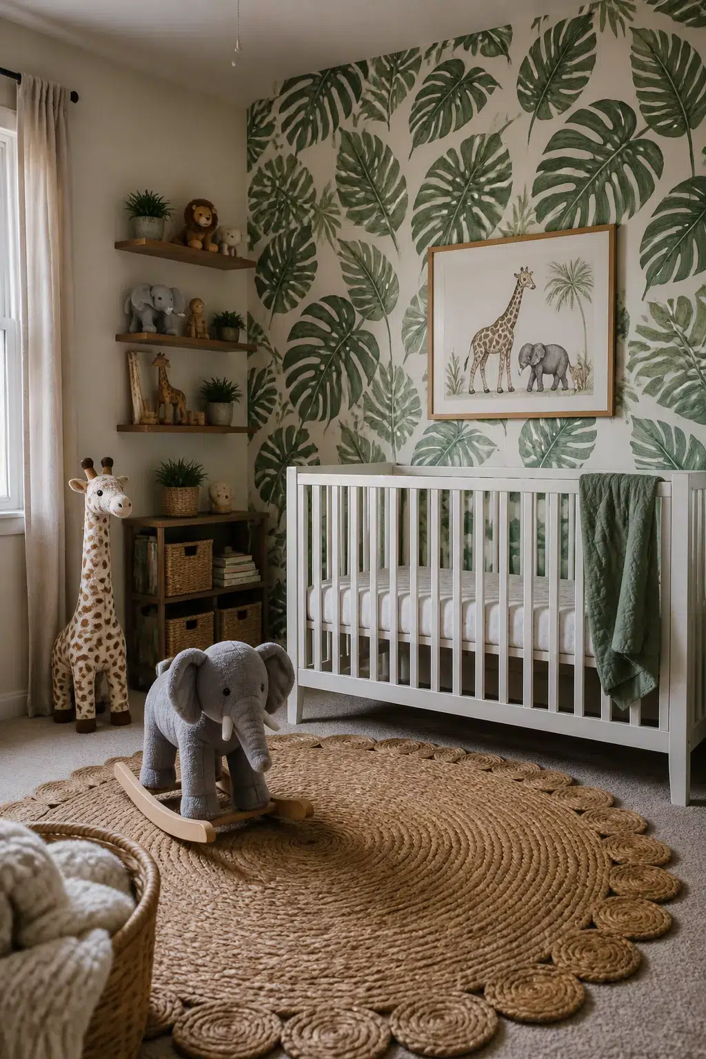 Safari nursery ideas with tropical leaf peel-and-stick wallpaper, white crib, jute rug, and stuffed animal toys