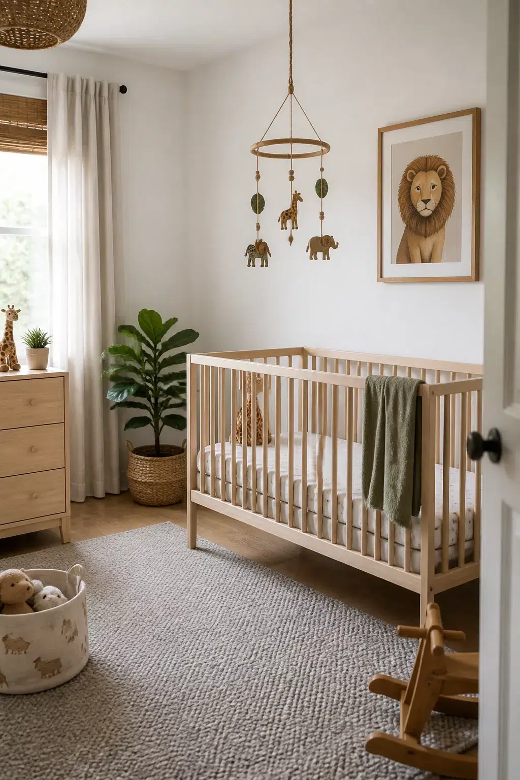 Light wood crib with safari animal mobile and lion print — Scandinavian safari nursery ideas in neutral tones