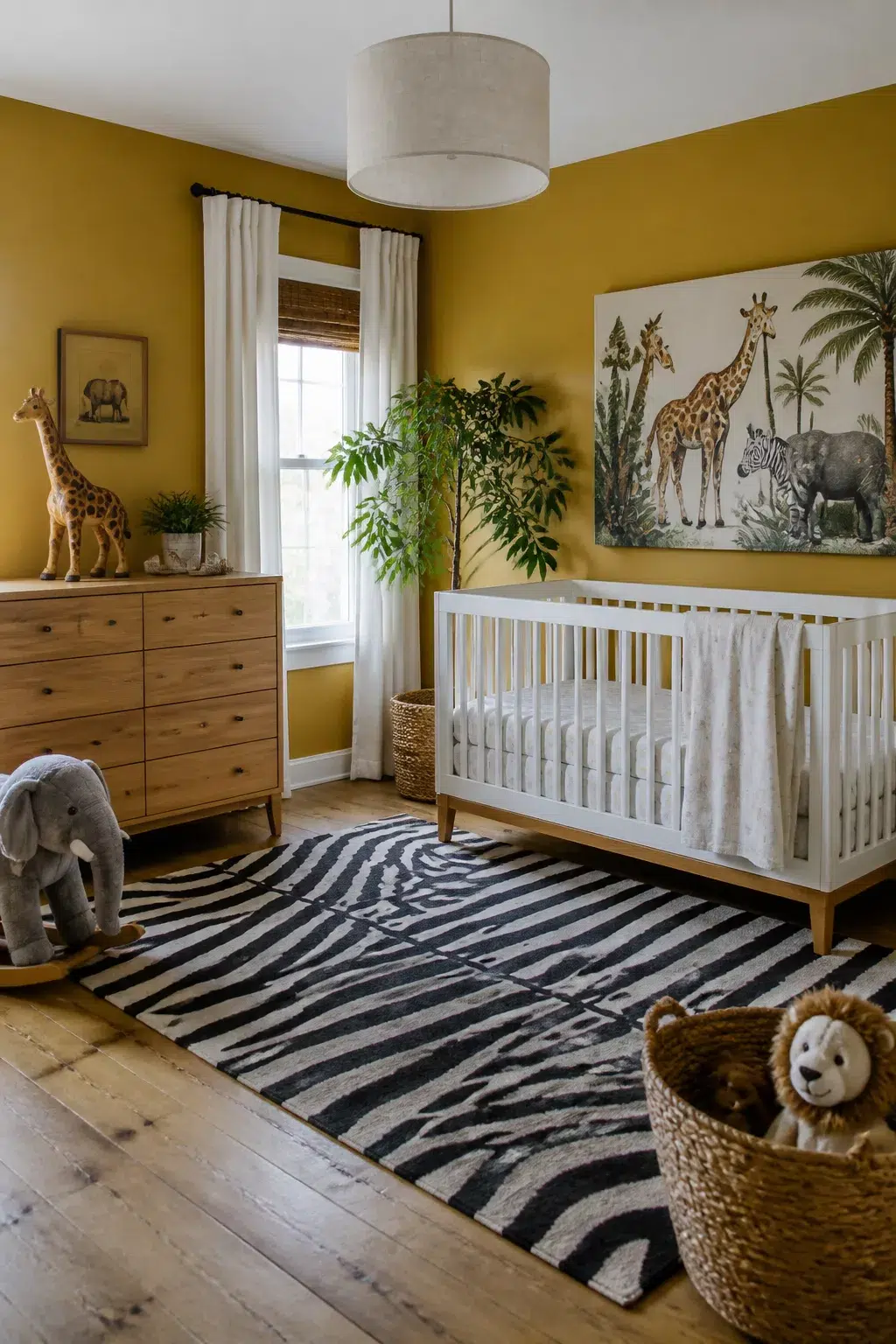 Mustard yellow safari nursery ideas with zebra print rug, white crib, and jungle animal canvas art