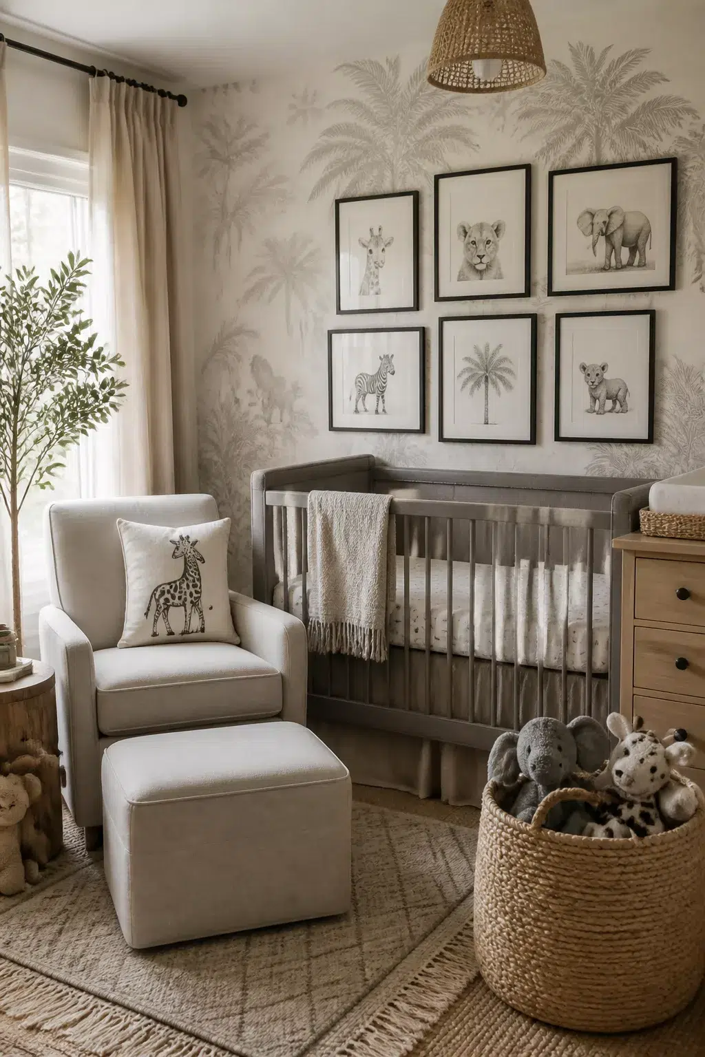 Gender-neutral safari nursery ideas with palm wallpaper, gray crib, and animal gallery wall in oat tones