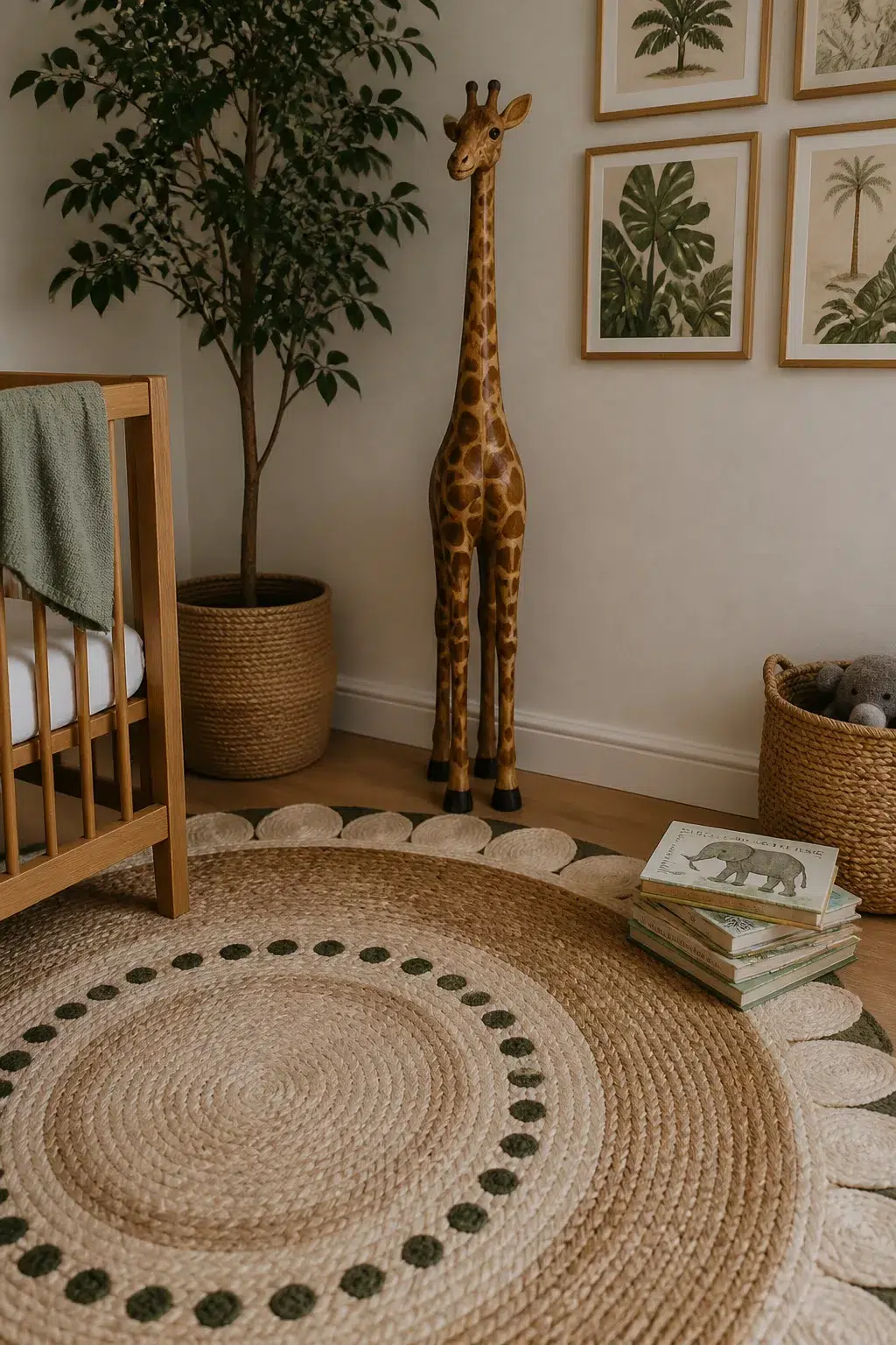 Safari nursery ideas with wooden giraffe statue, botanical prints, jute rug, and woven baskets in a natural themed corner