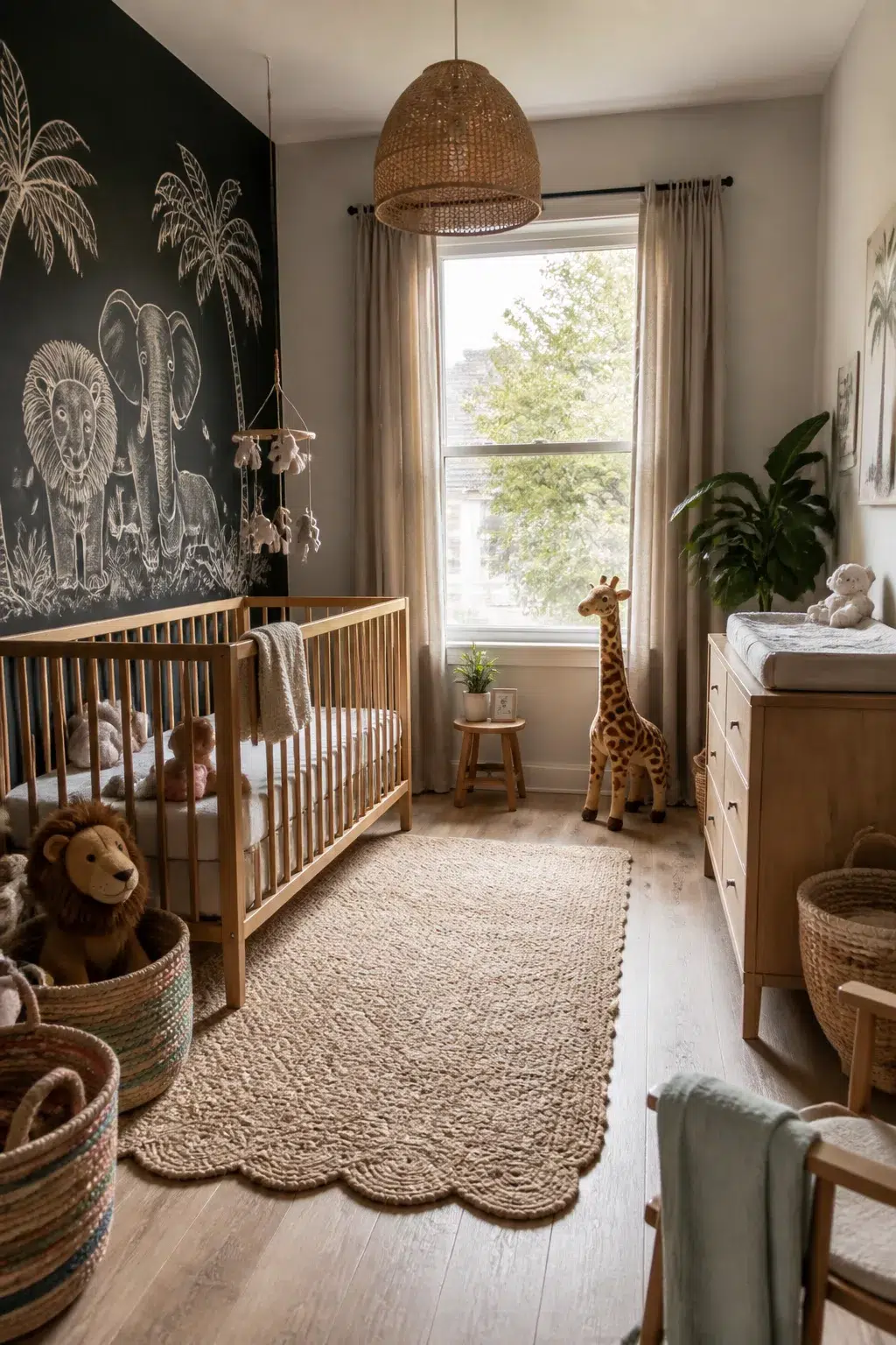 Safari nursery ideas with chalkboard wall featuring hand-drawn lion, elephant, and palm tree chalk art