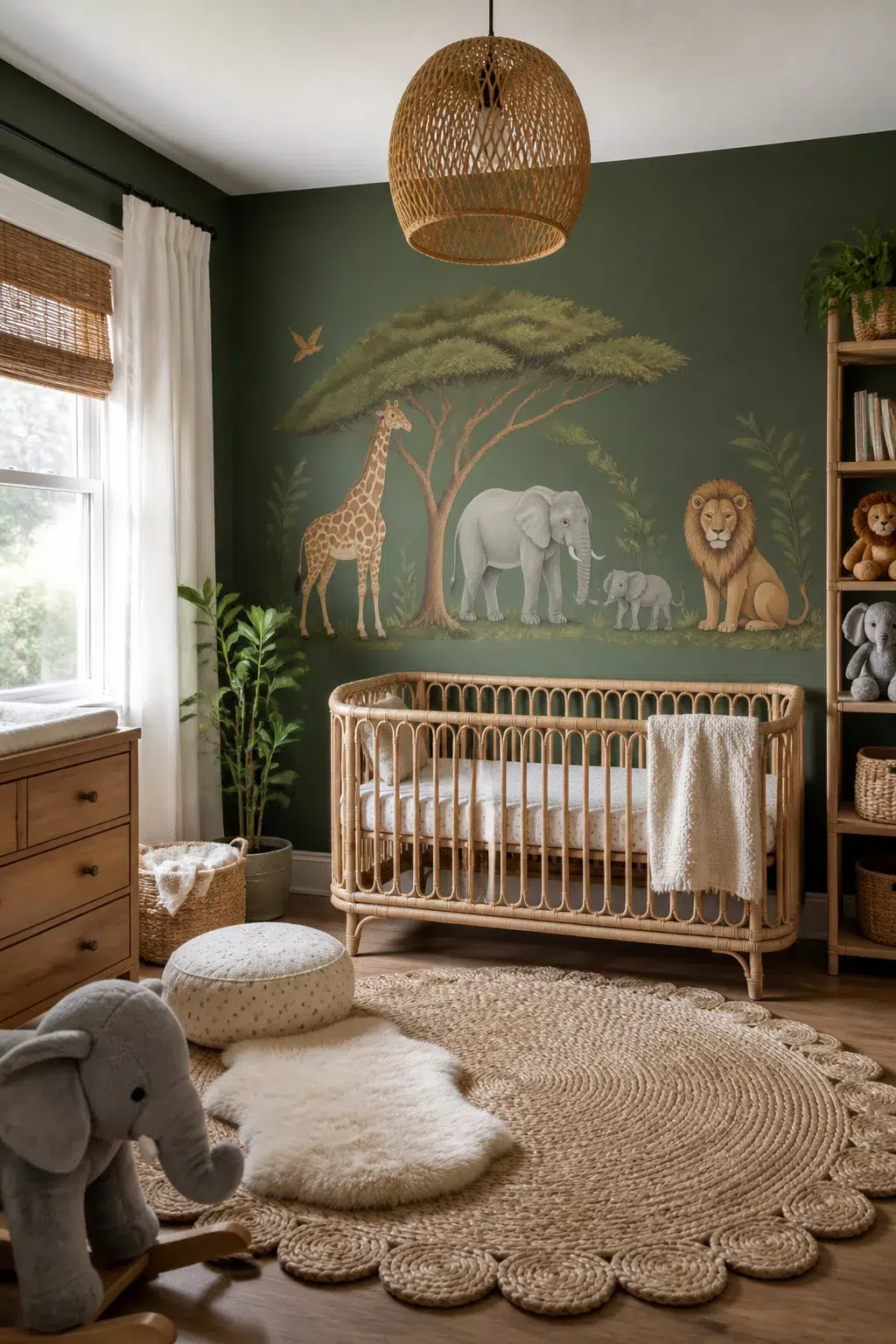 Safari nursery ideas with deep green walls, rattan crib, and hand-painted giraffe elephant lion mural