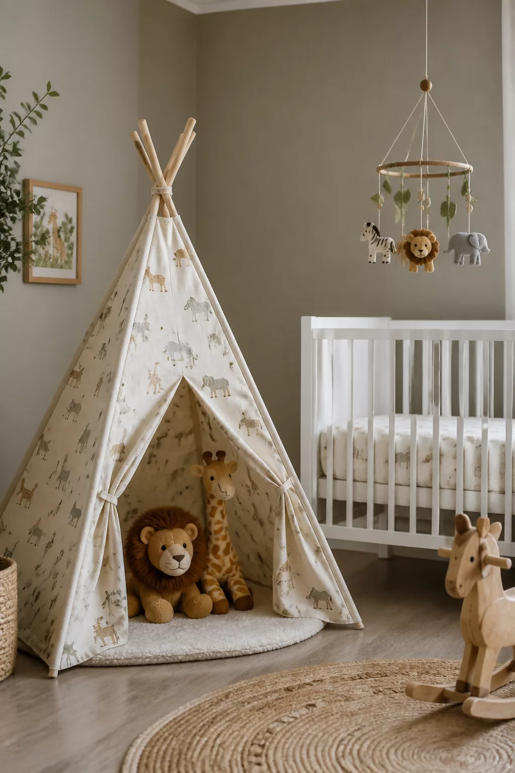 Safari nursery ideas with a safari print canvas play tent, rocking horse, and animal mobile over a white crib.