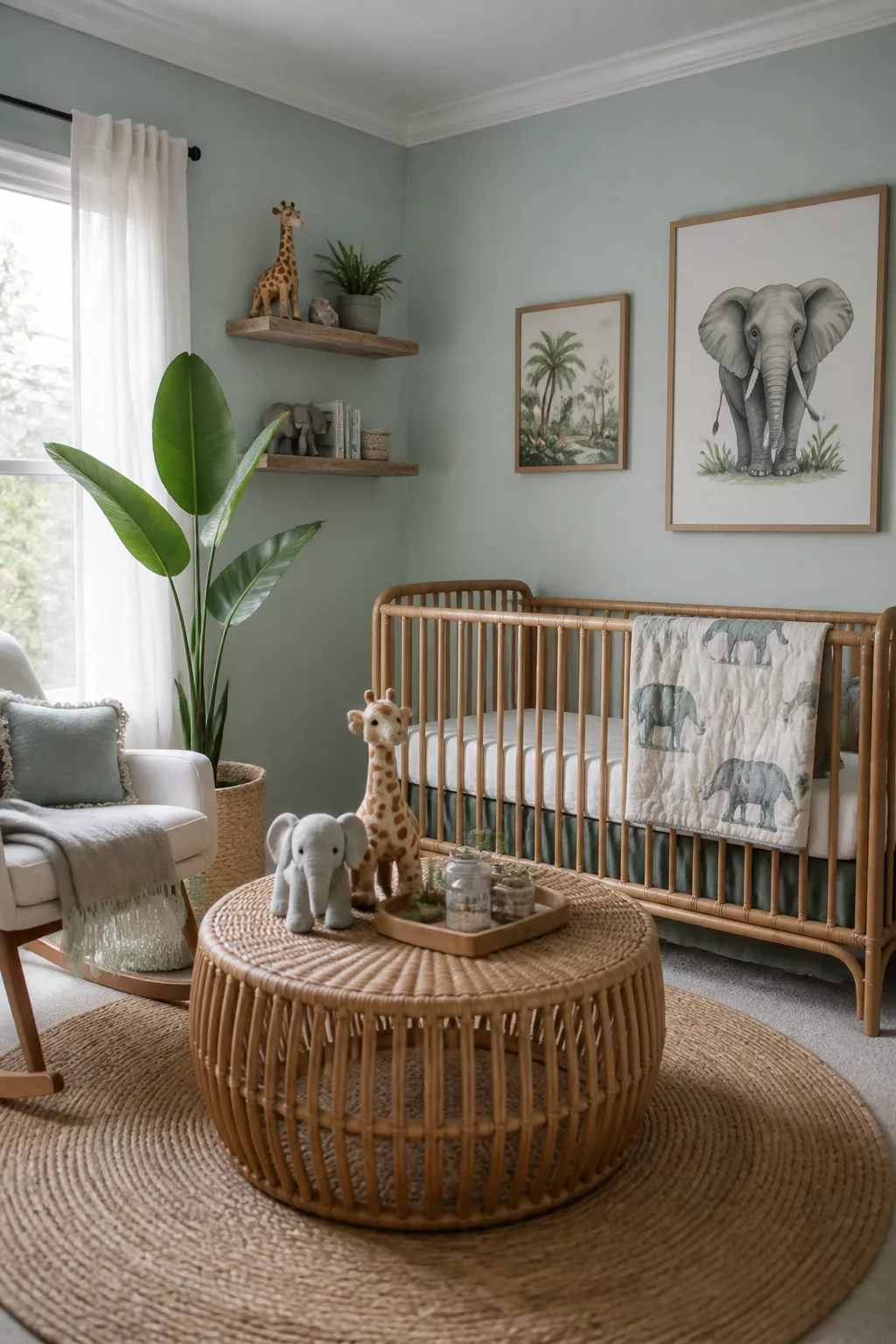 Sage green safari nursery ideas with rattan crib, elephant art prints, and round woven ottoman