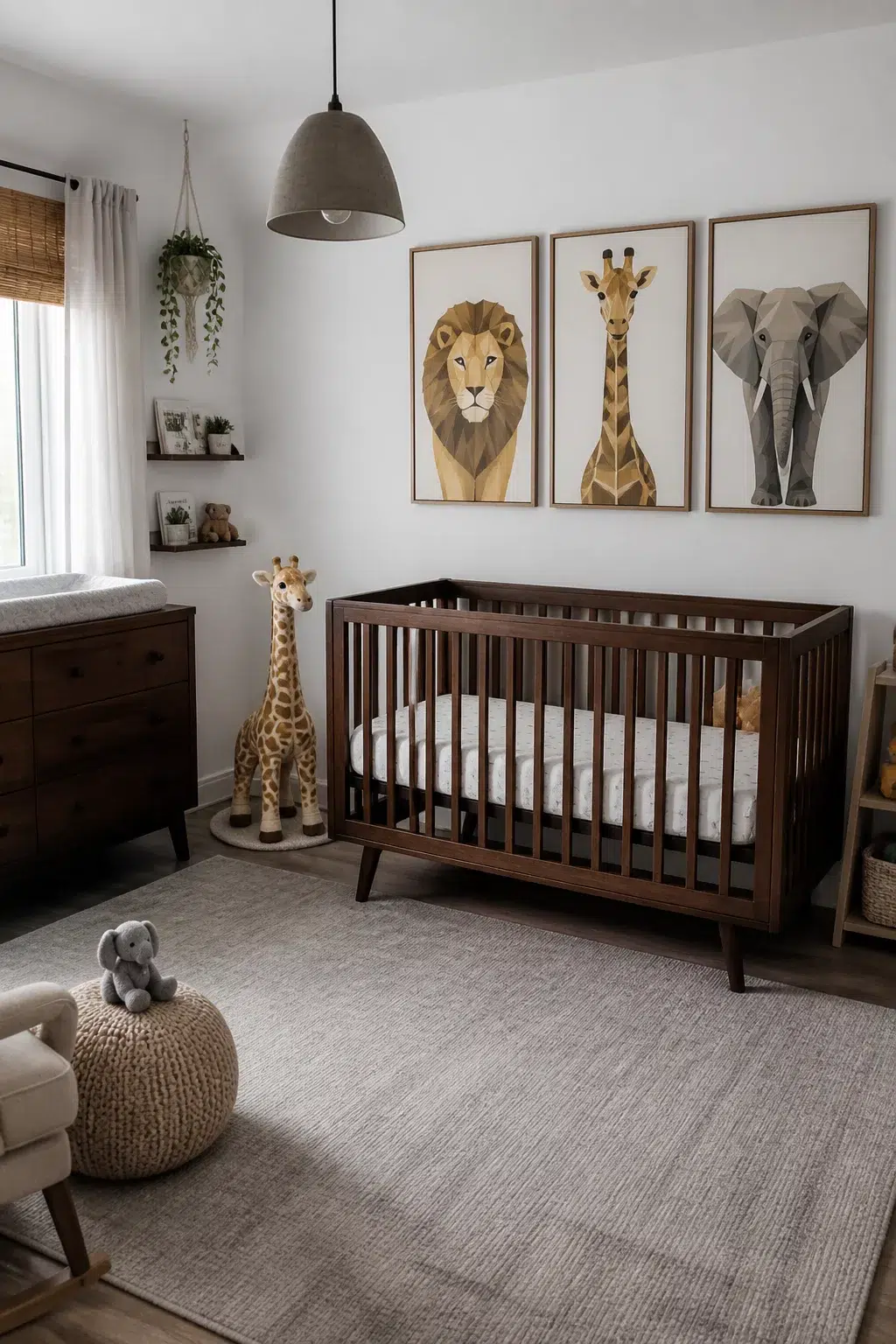 Dark walnut crib with geometric lion, giraffe, and elephant framed art — modern safari nursery ideas