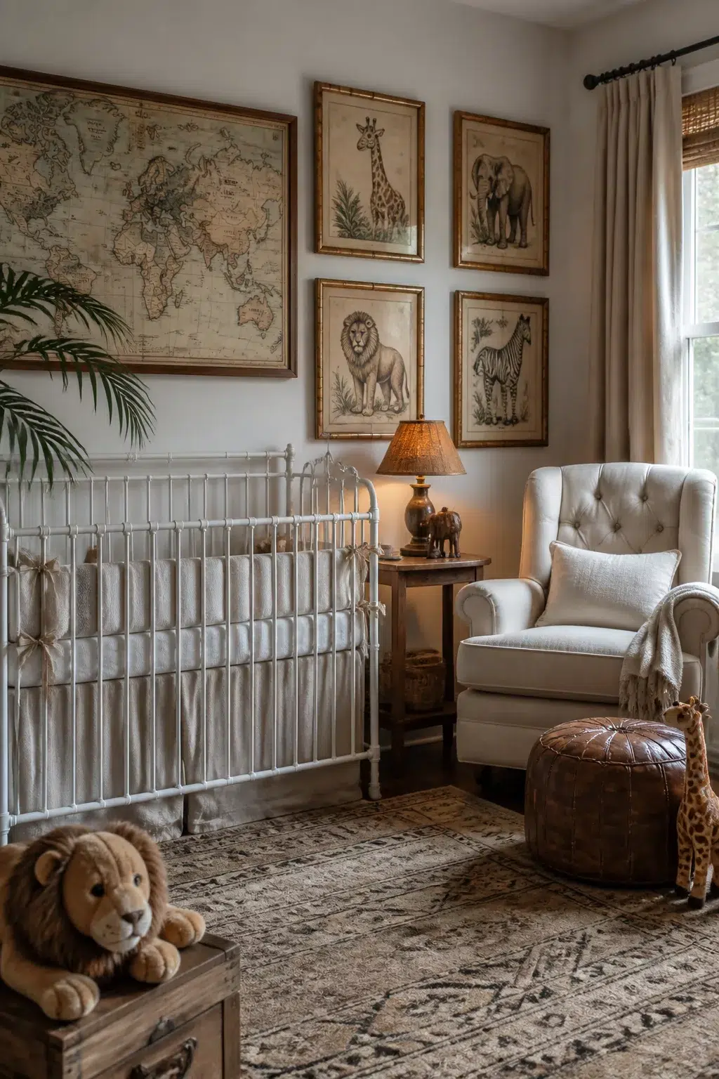 Vintage safari nursery ideas with antique world map, gold-framed animal prints, white iron crib, and tufted glider.