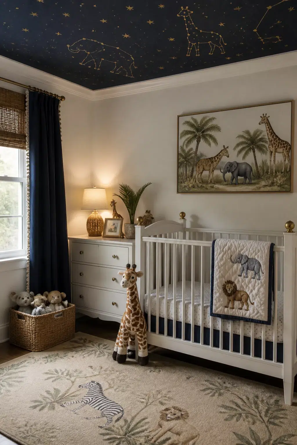 Safari nursery ideas with dark navy constellation ceiling, animal rug, white crib and giraffe plush toy