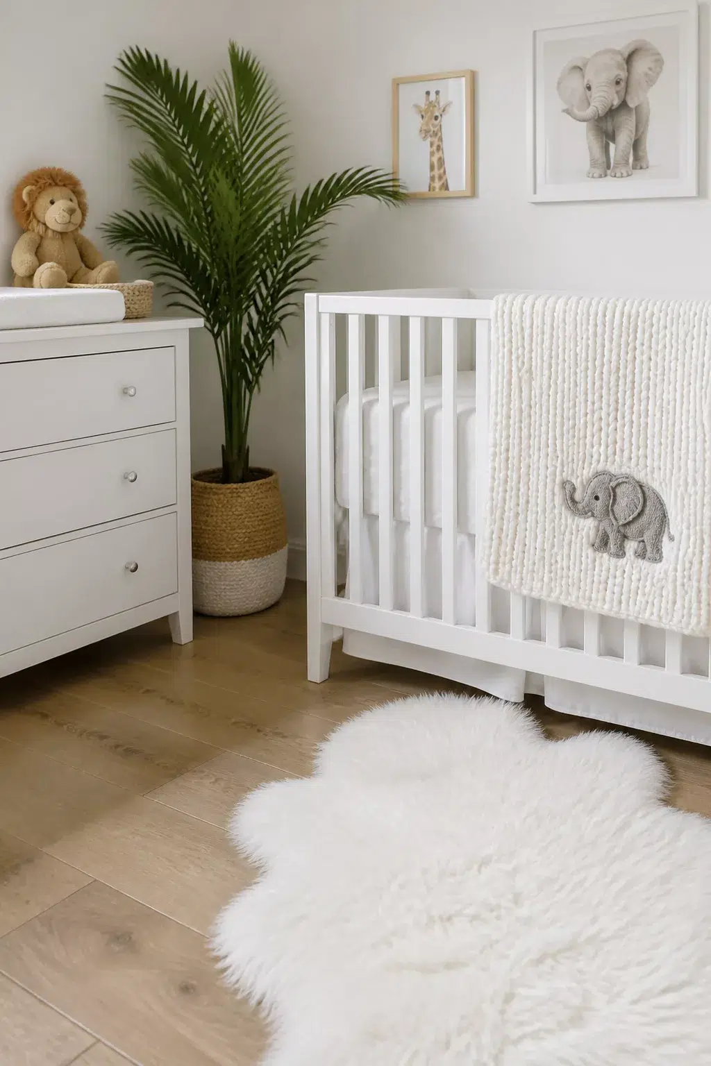 All-white safari nursery ideas with elephant knit throw, animal wall art prints, and faux sheepskin rug