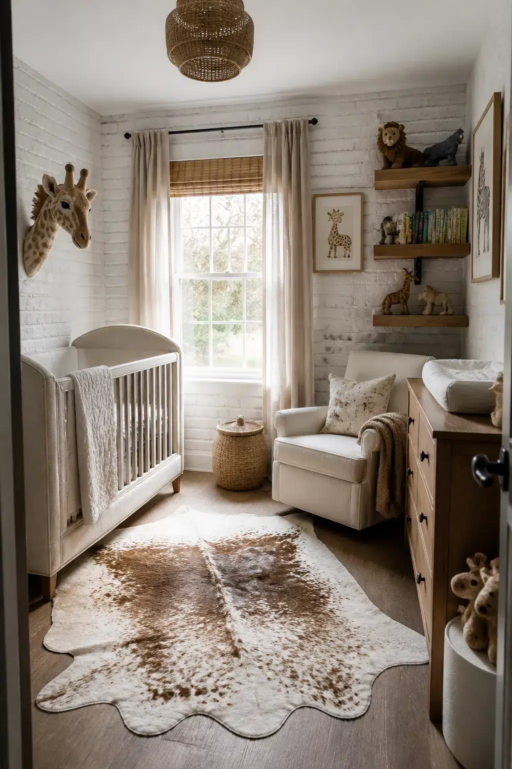 Whitewashed brick safari nursery with floating wood shelves, faux giraffe mount, cowhide rug — Safari Nursery Ideas