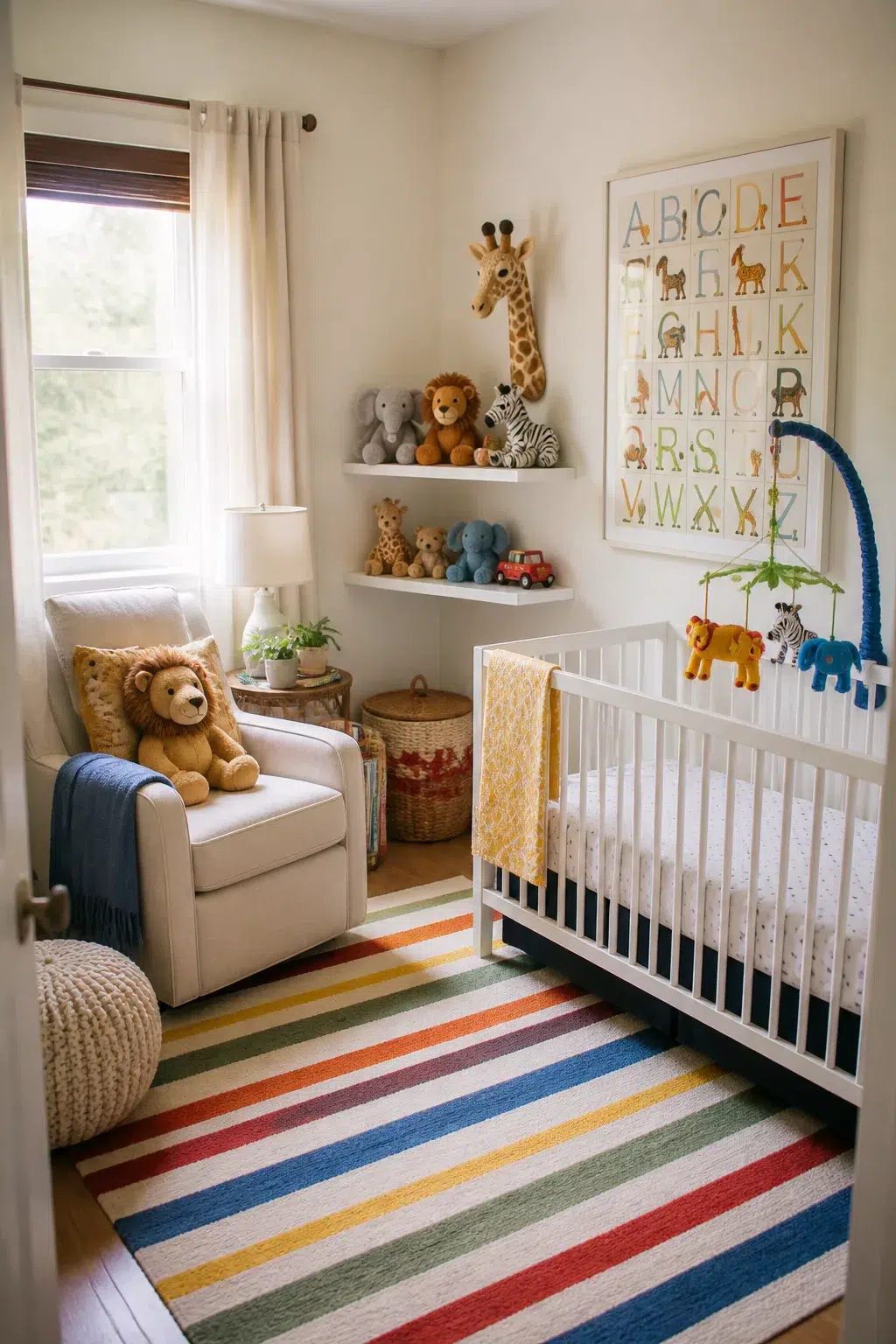 Bright primary striped rug and safari animal mobile in a cozy white baby nursery — Safari Nursery Ideas