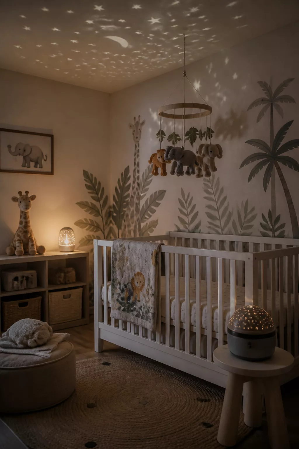 Safari nursery ideas with star projector lighting, jungle mural, animal mobile, and white crib at night