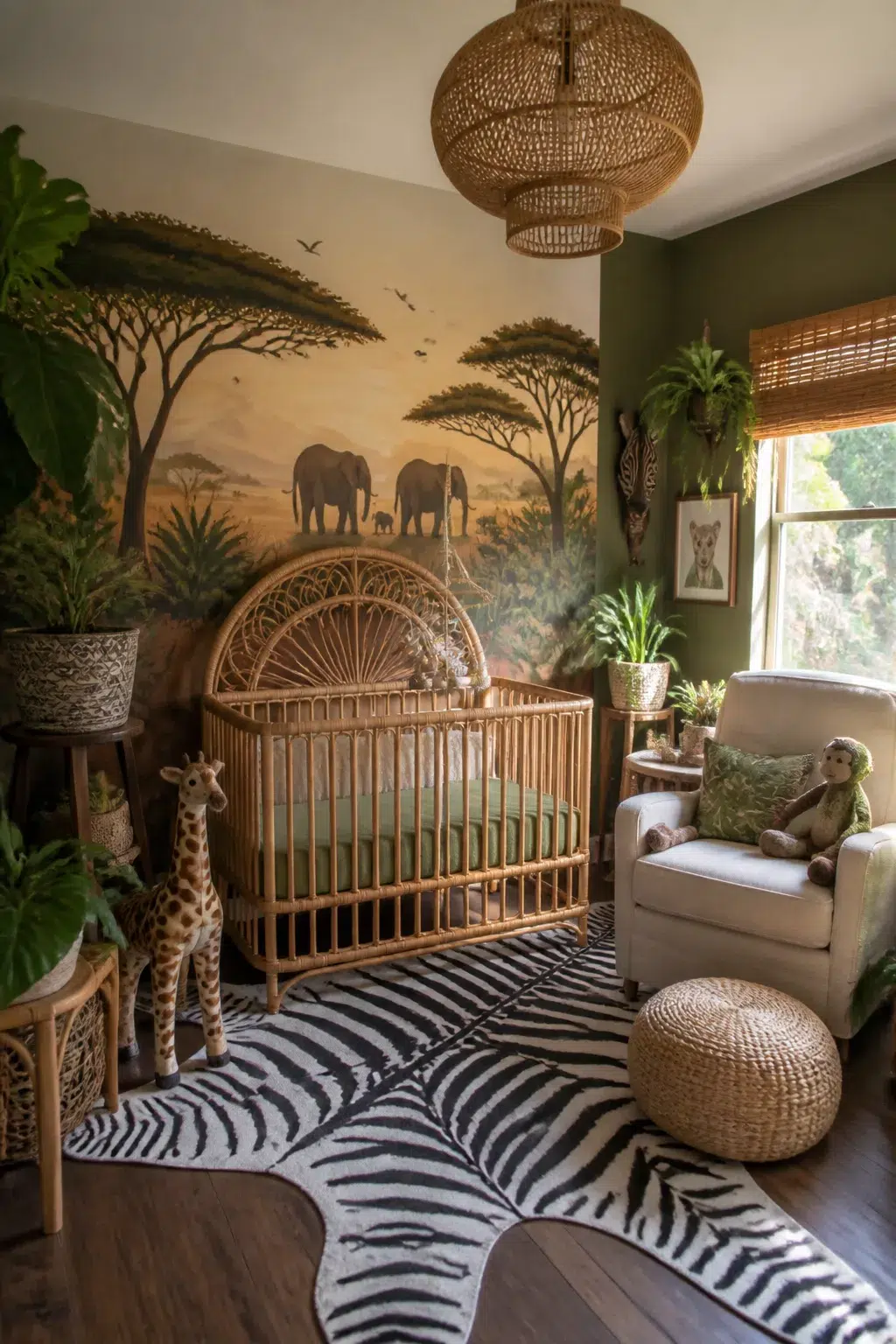Safari nursery ideas with savanna elephant mural, zebra rug, rattan crib, and lush indoor plants