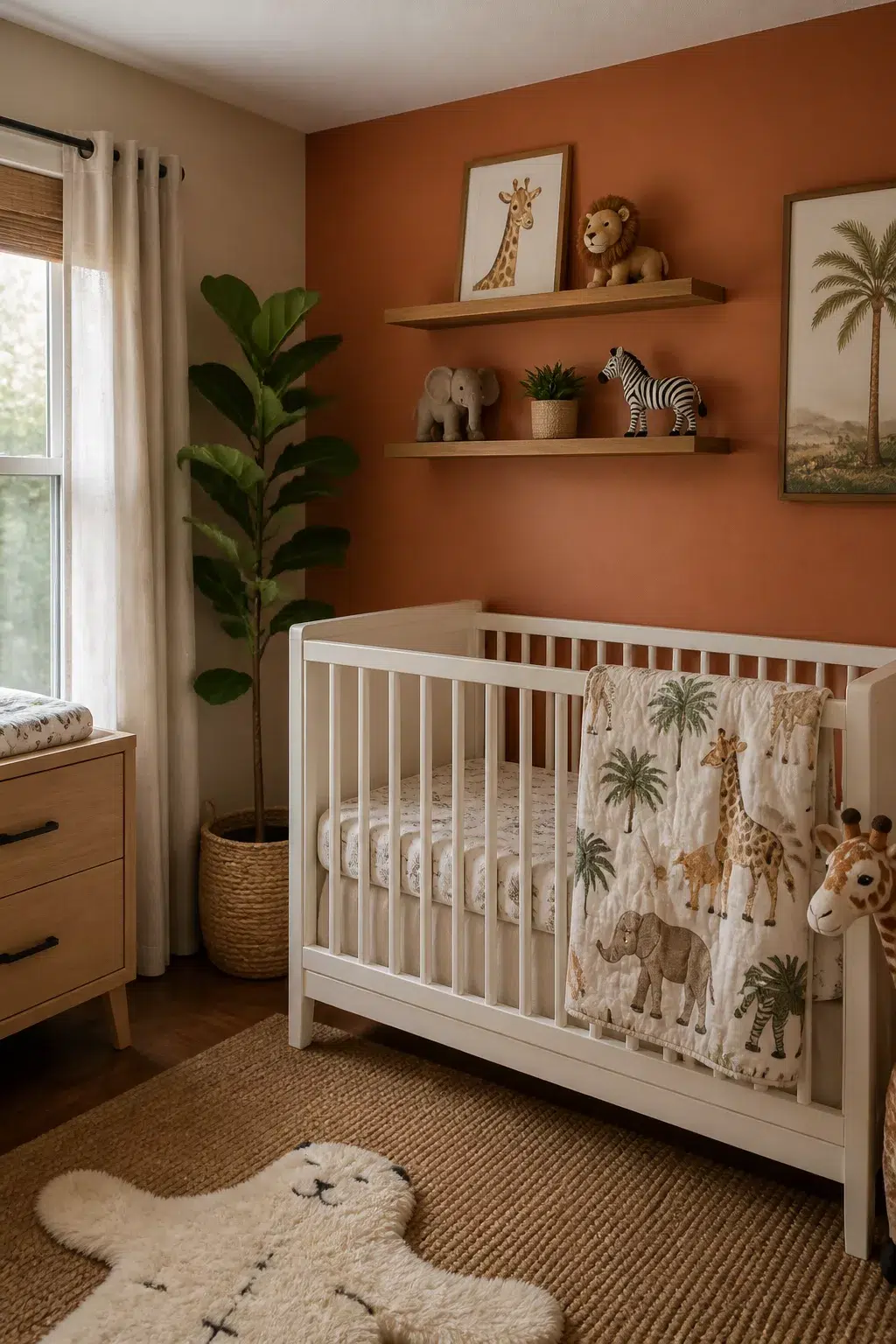 Safari nursery ideas with terracotta accent wall, safari print crib bedding, and animal figurines on wood shelves
