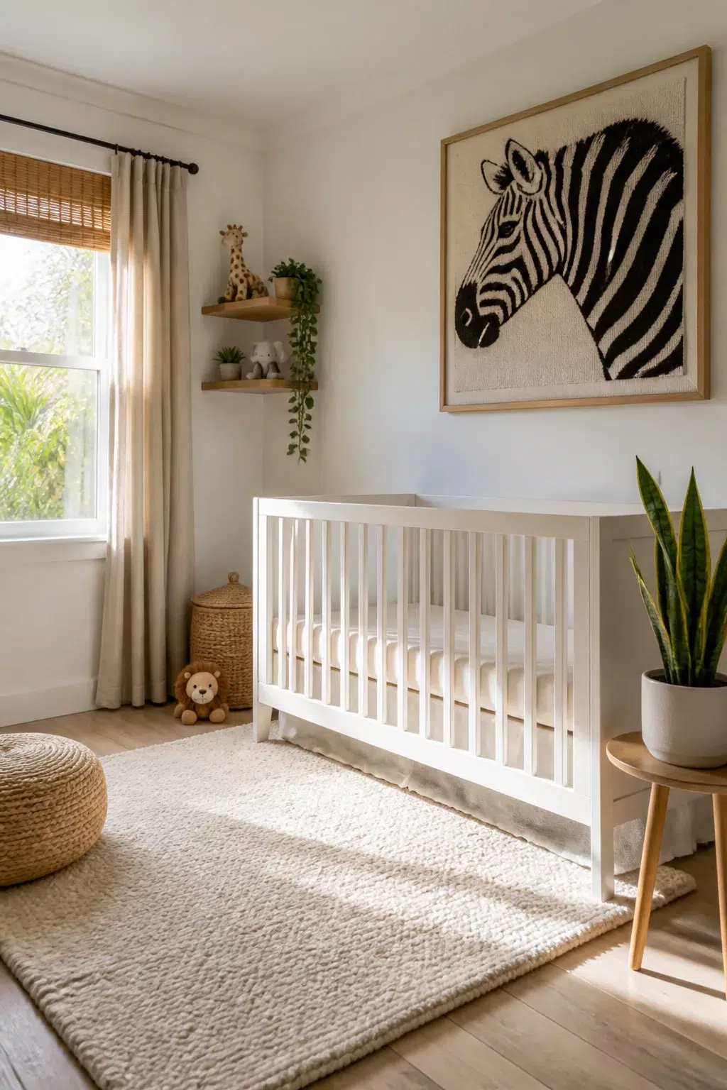 Minimalist safari nursery ideas with white crib, oversized zebra textile art, and natural wood accents