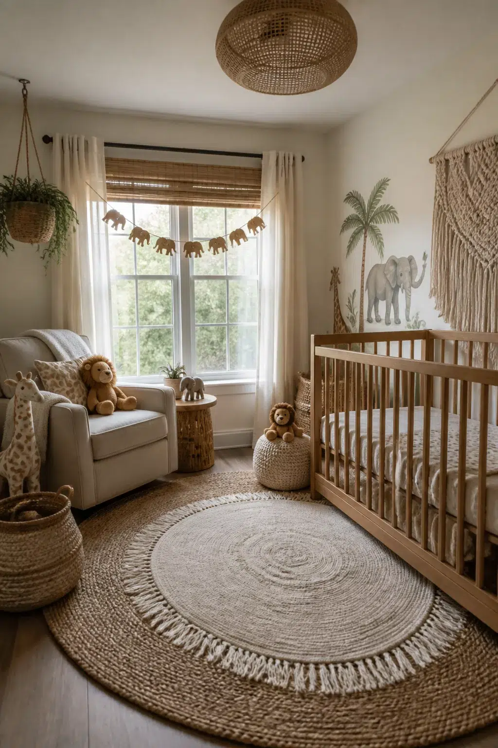 Boho safari nursery ideas with macramé wall hanging, elephant garland, jute rug, and watercolor animal murals