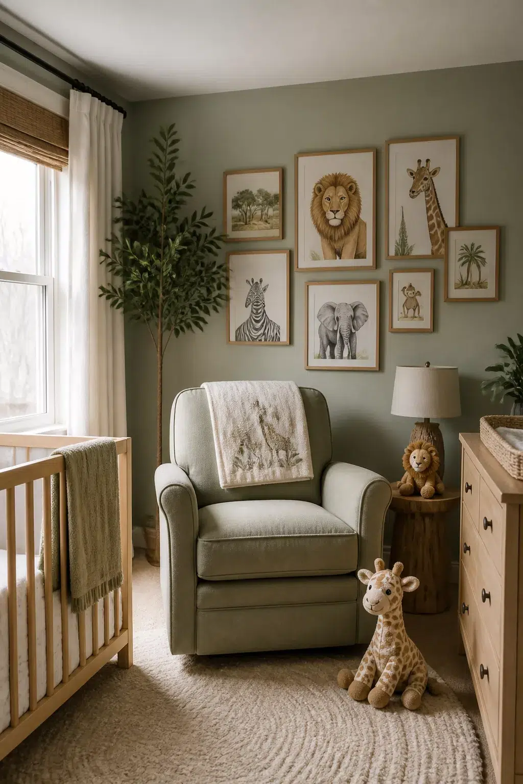 Sage green safari nursery ideas with lion art gallery wall, glider, wooden crib, and giraffe plush
