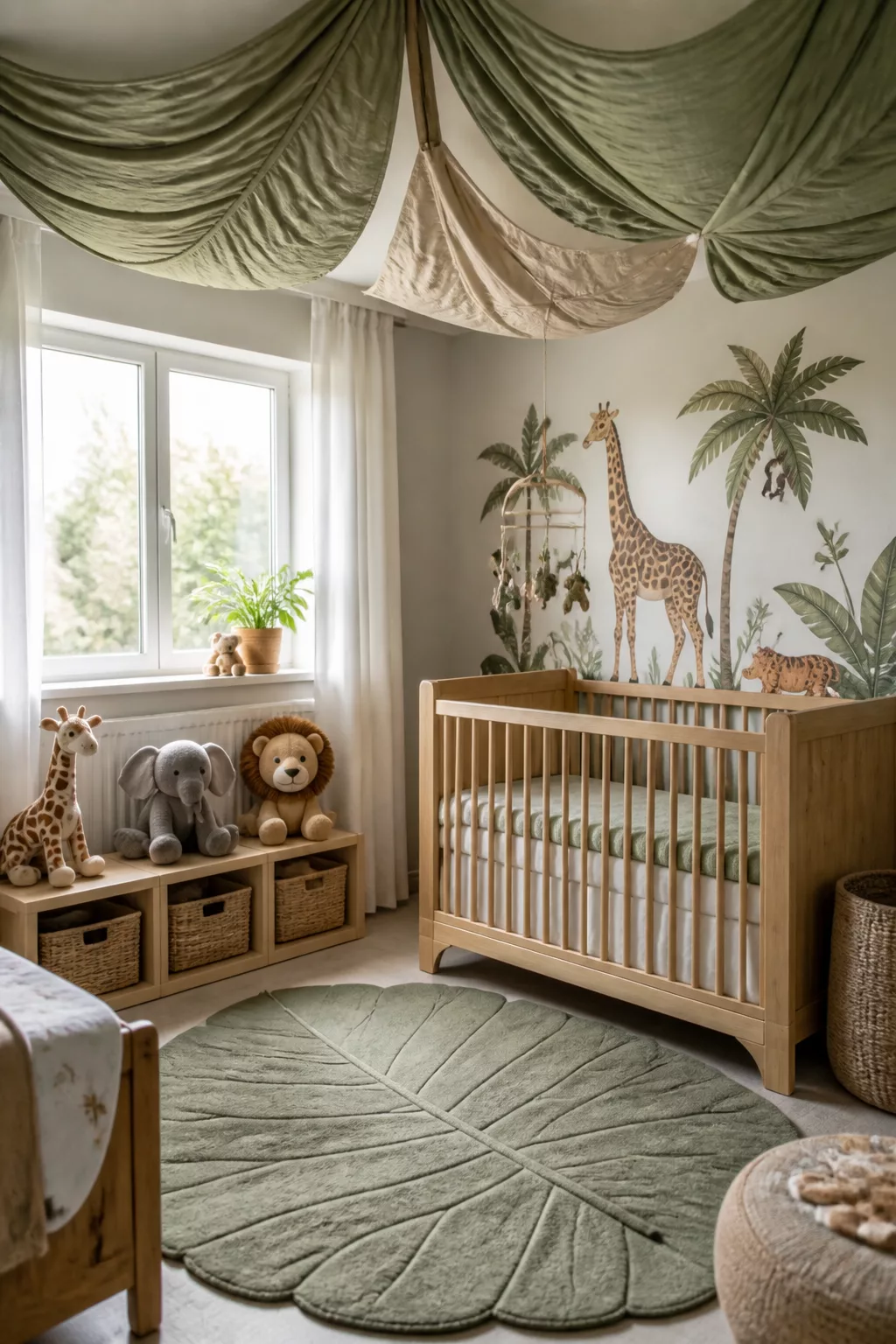 Safari nursery ideas with sage green draped ceiling canopy, giraffe jungle mural, and leaf shaped rug