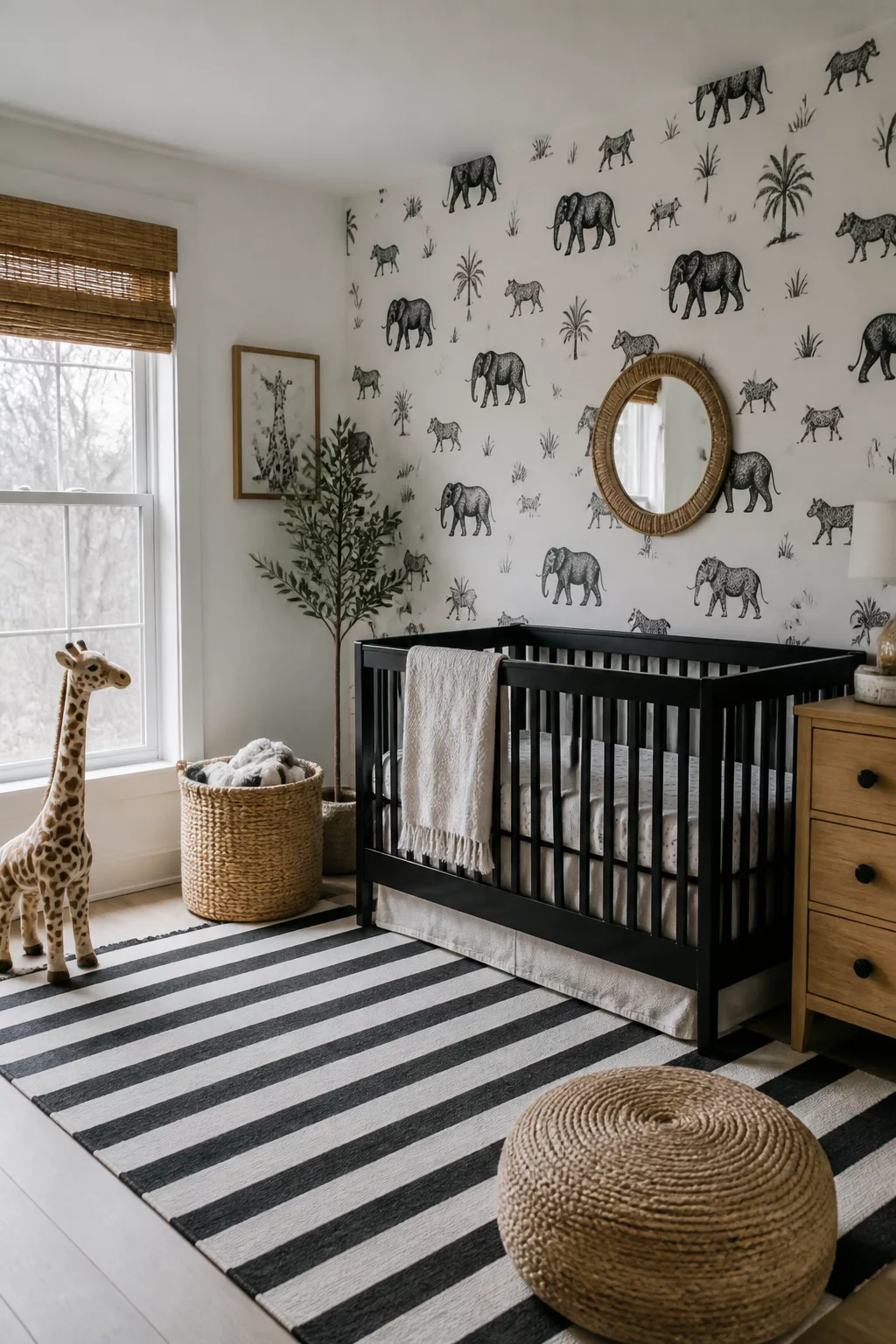 Black crib with safari animal repeat wallpaper in a monochrome baby nursery — Safari Nursery Ideas