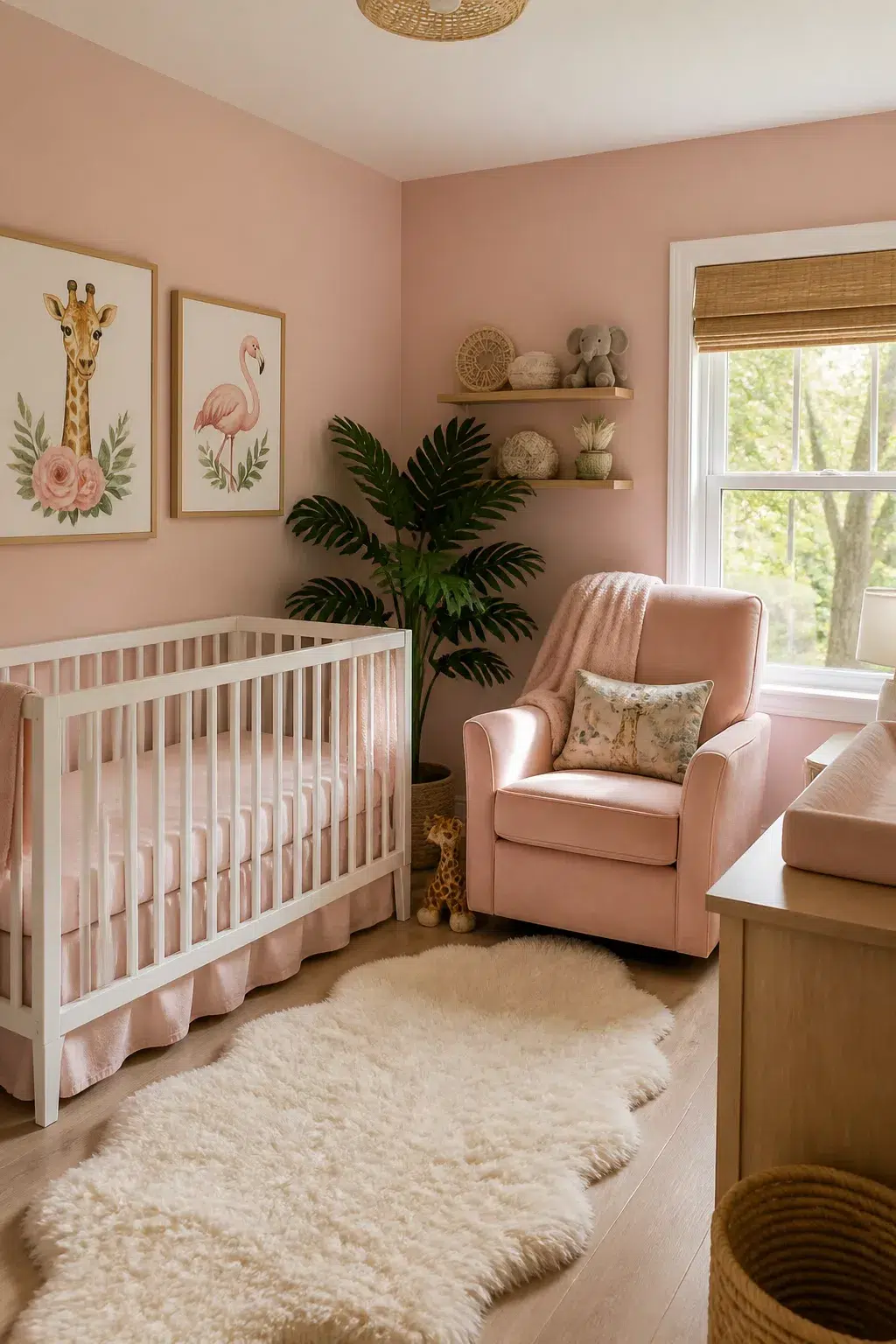 Dusty pink girl's safari nursery ideas with giraffe and flamingo prints, white crib, and fluffy cream rug