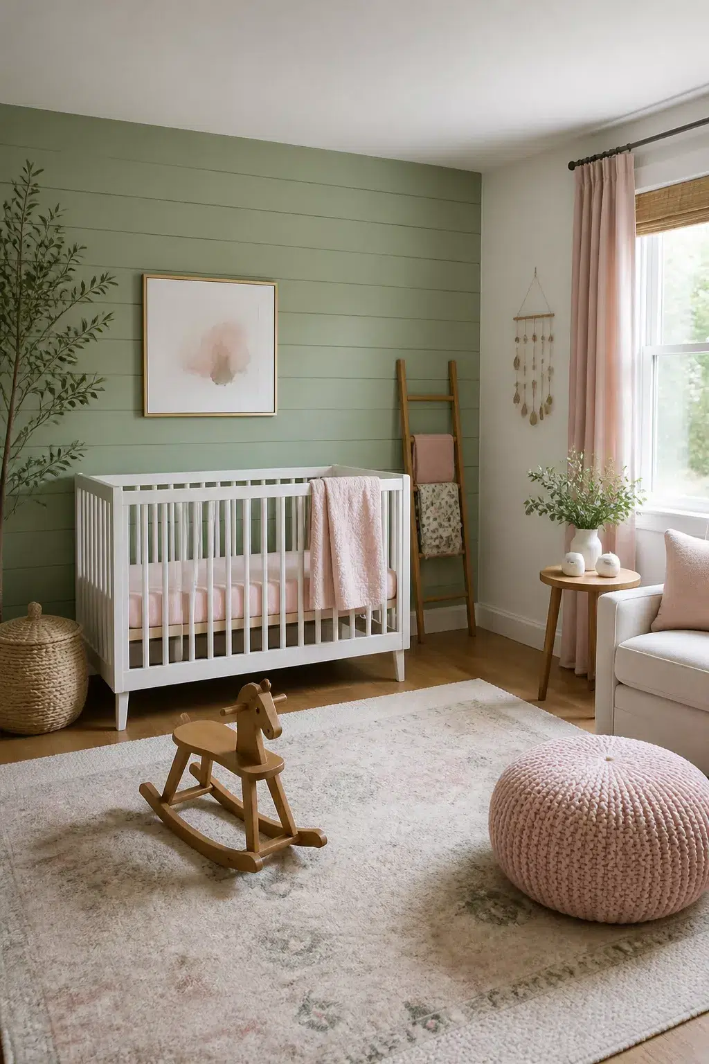 Sage and blush nursery with shiplap accent wall, white crib, blush pink bedding, and natural wood accents.